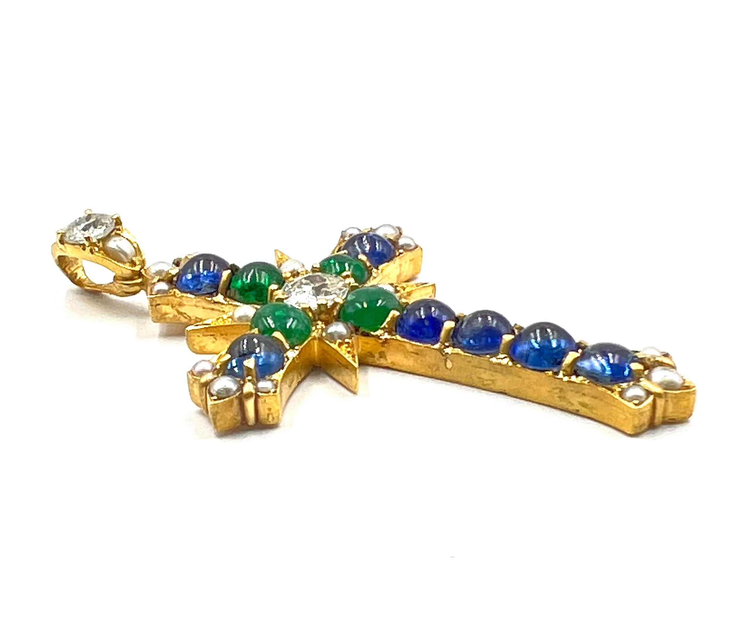 Women's or Men's Antique Sapphire, Emerald and Diamond Cross Pendant