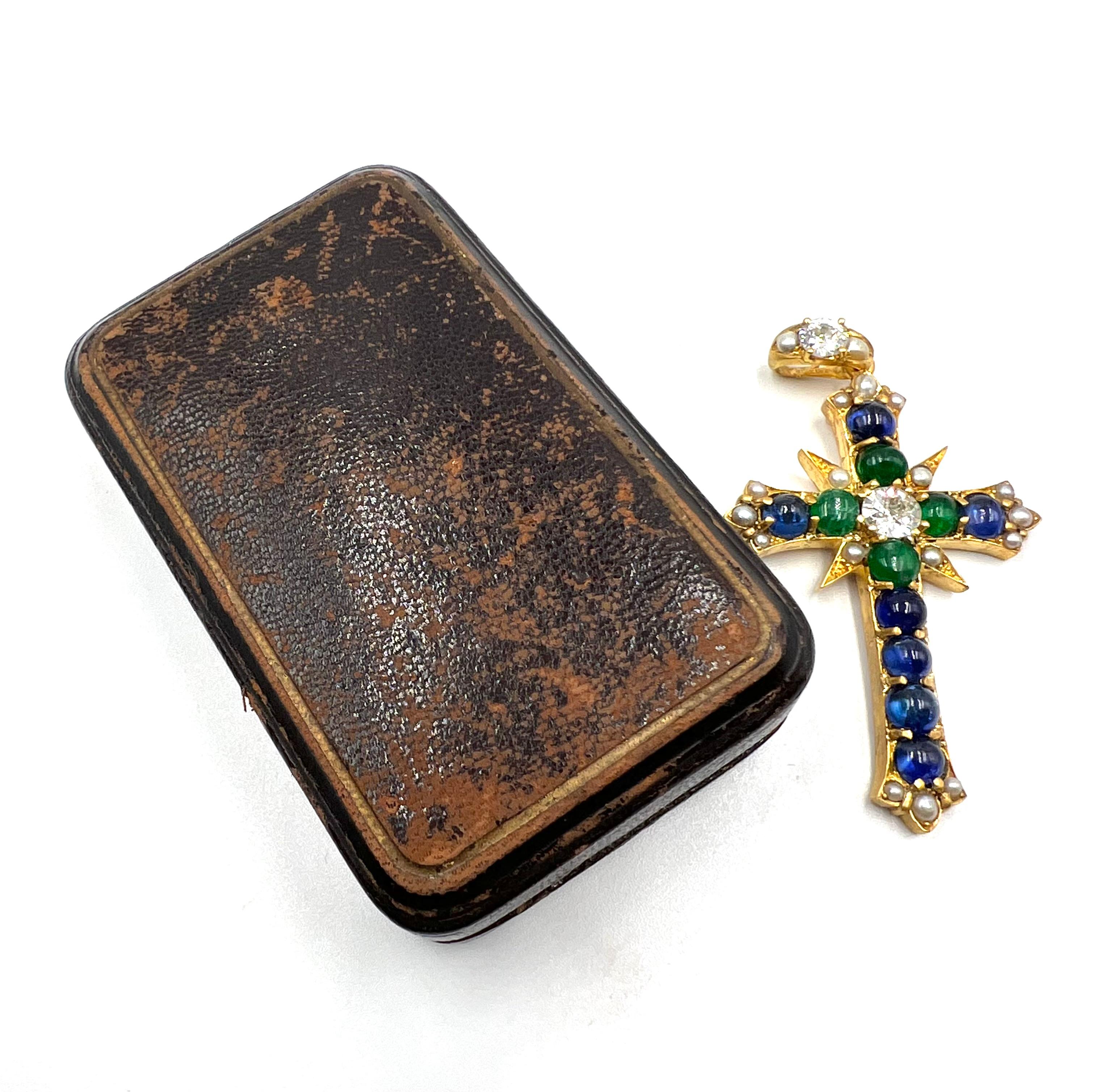 Antique Sapphire, Emerald and Diamond Cross Pendant 1