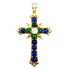 Antique Sapphire, Emerald and Diamond Cross Pendant