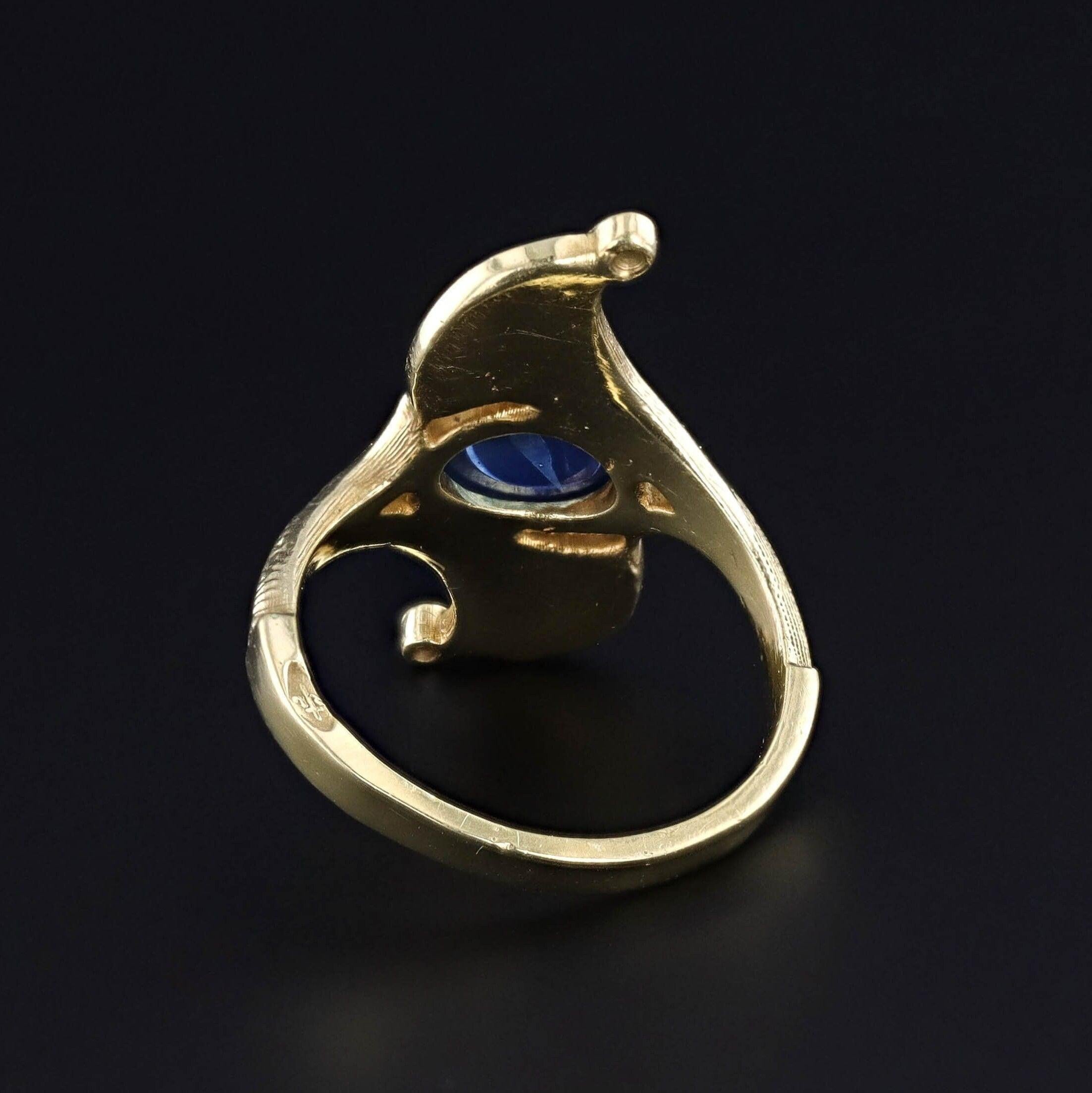 Egyptian Revival Antique Sapphire & Enamel Ring of 18k Gold For Sale