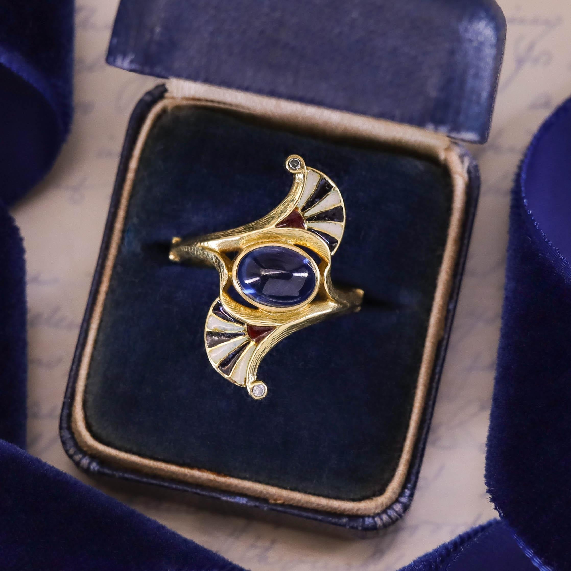 Women's Antique Sapphire & Enamel Ring of 18k Gold For Sale