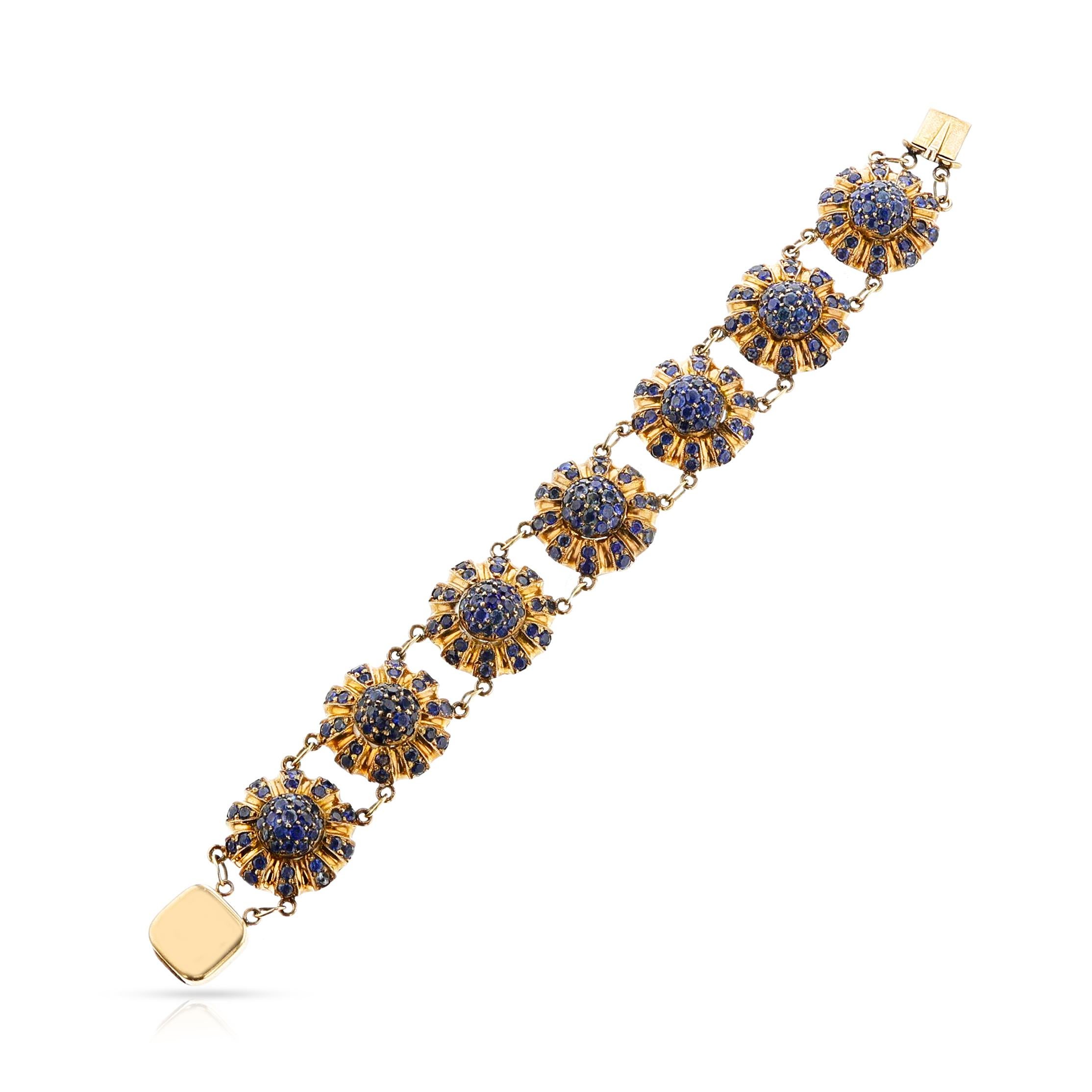 Ein antikes Saphir-Blumen-Armband aus 14k Gelbgold. Das Gesamtgewicht beträgt 53,50 Gramm. Die Länge ist 6,75