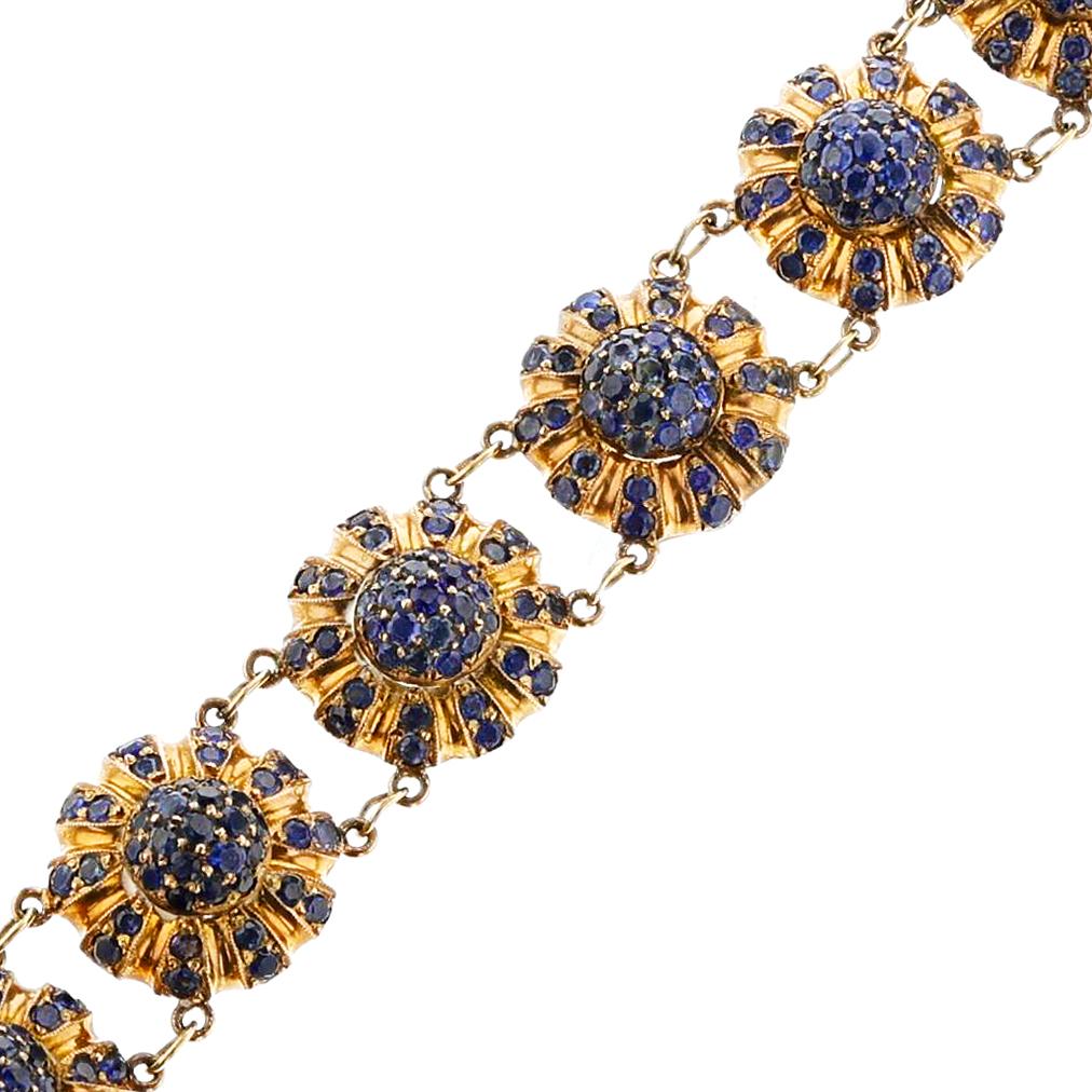 Round Cut Antique Sapphire Flower Bracelet, 14k For Sale