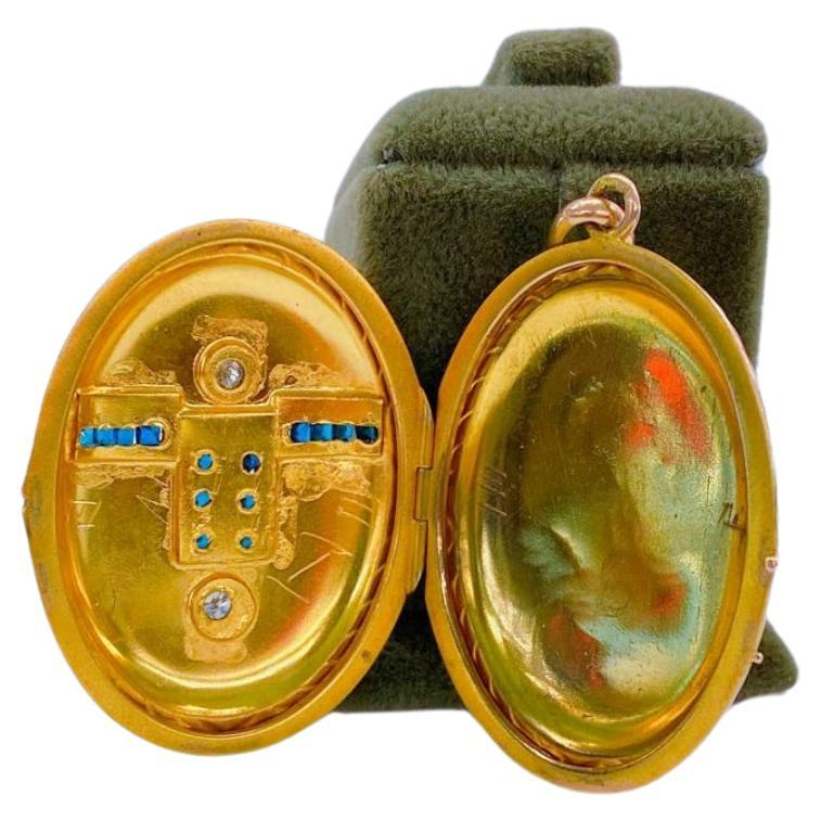Antique Sapphire Gold Locket Pendant For Sale 1