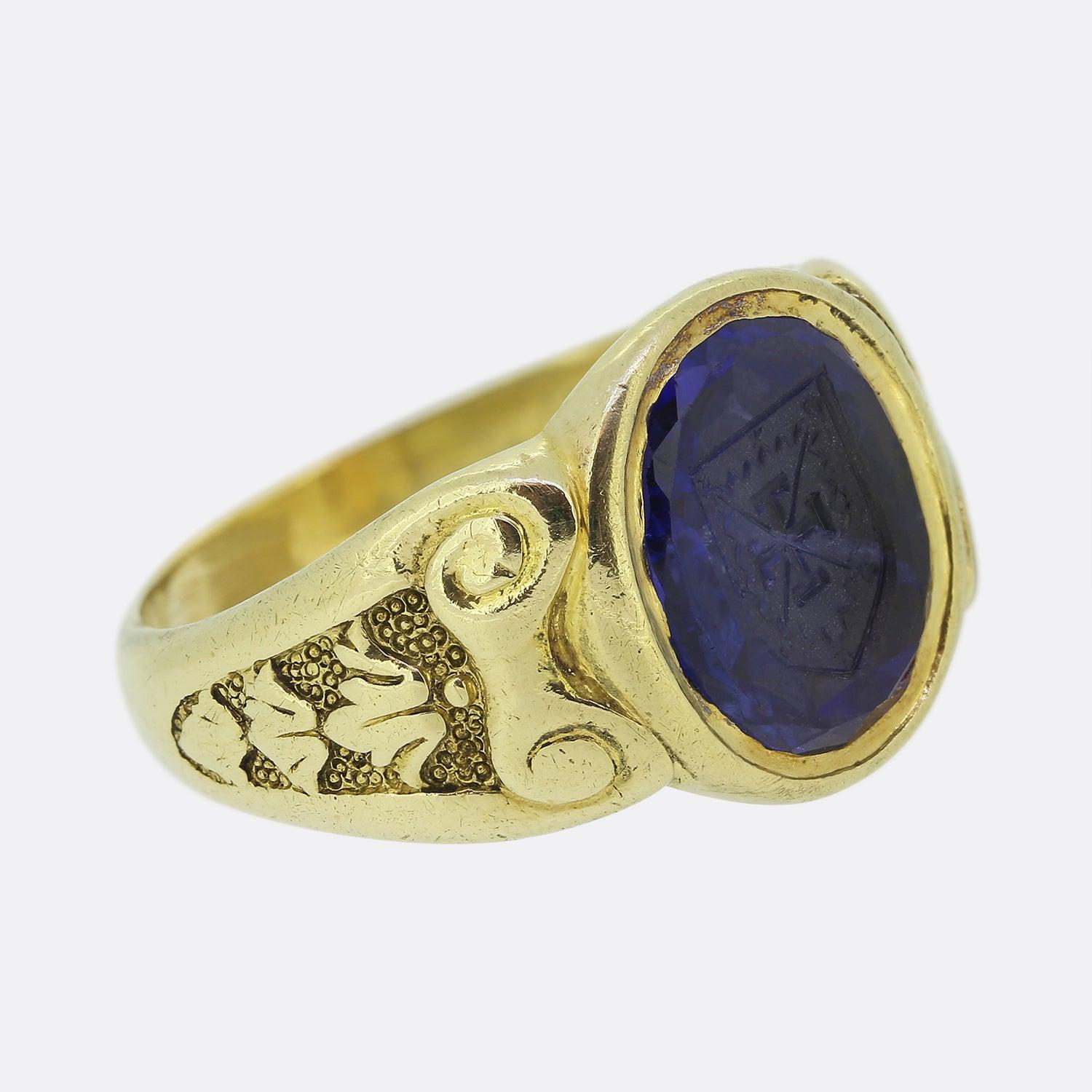 Rough Cut Antique Sapphire Intaglio Signet Ring
