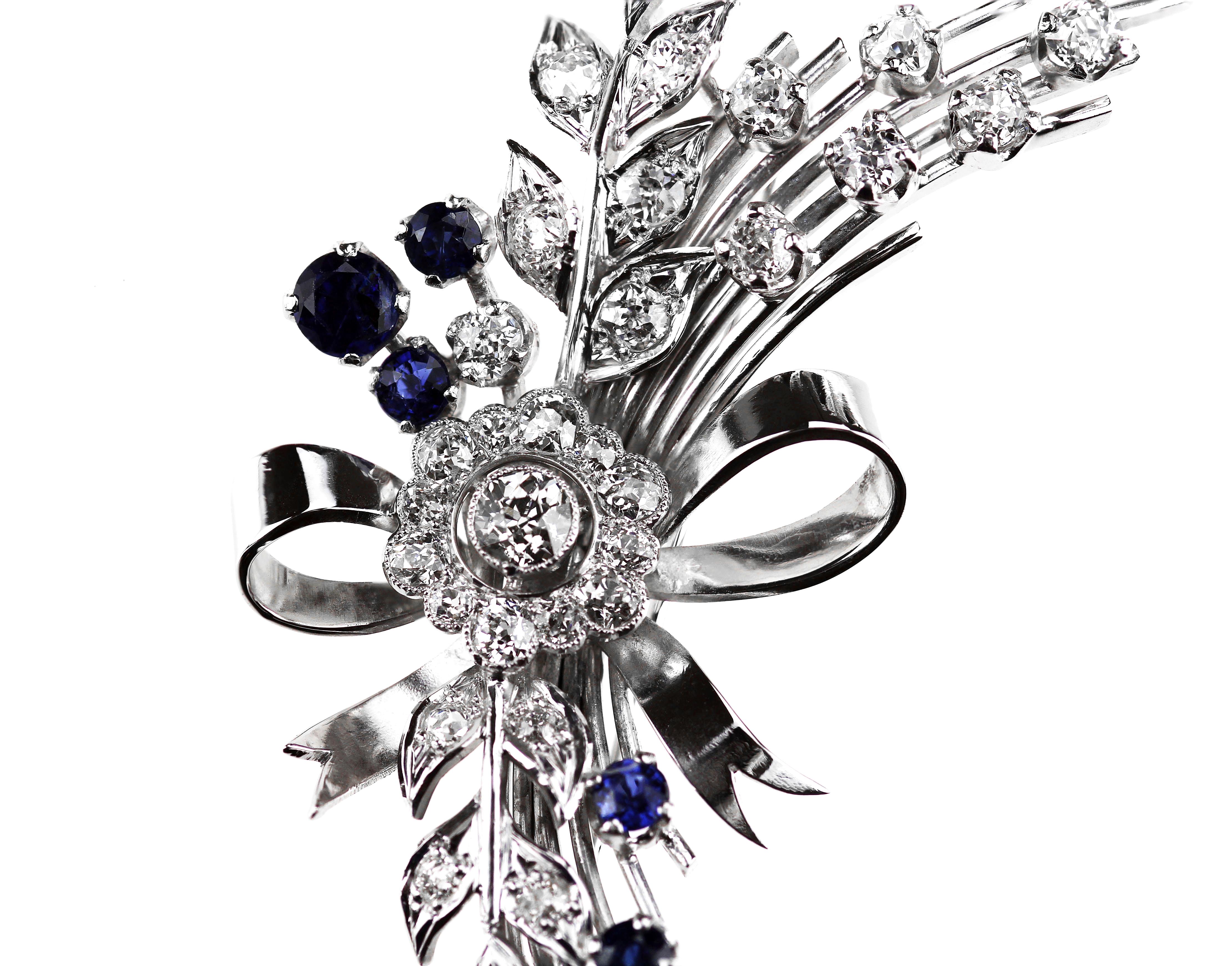 Old European Cut Sapphire and Old European Diamond Flower Bouquet Spray Brooch in Platinum
