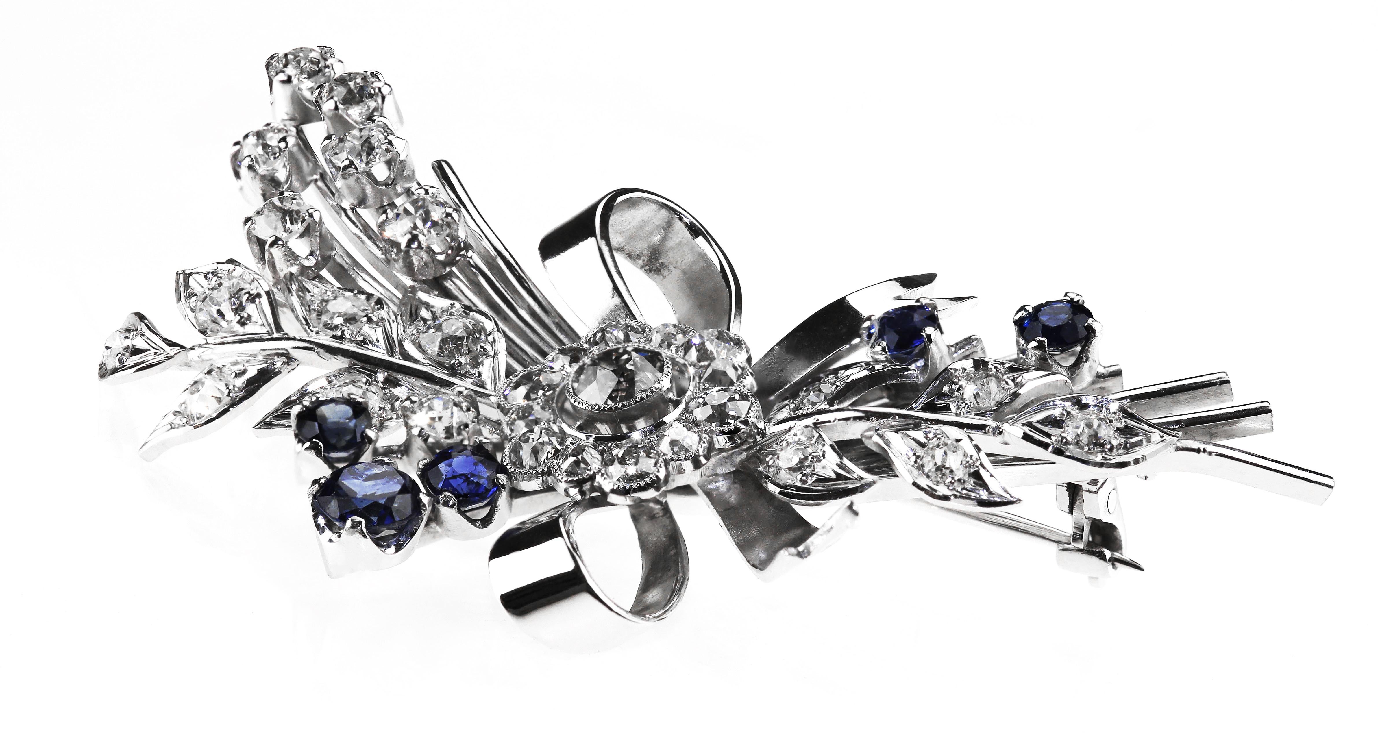 Sapphire and Old European Diamond Flower Bouquet Spray Brooch in Platinum In Excellent Condition In London, GB