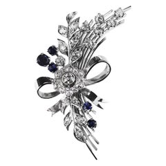 Sapphire and Old European Diamond Flower Bouquet Spray Brooch in Platinum