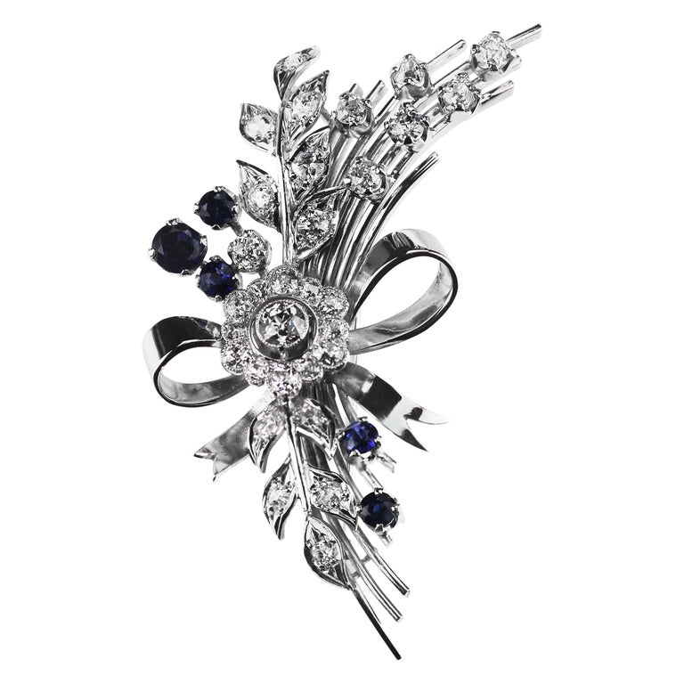 Sapphire and Old European Diamond Flower Bouquet Spray Brooch in Platinum  For Sale at 1stDibs