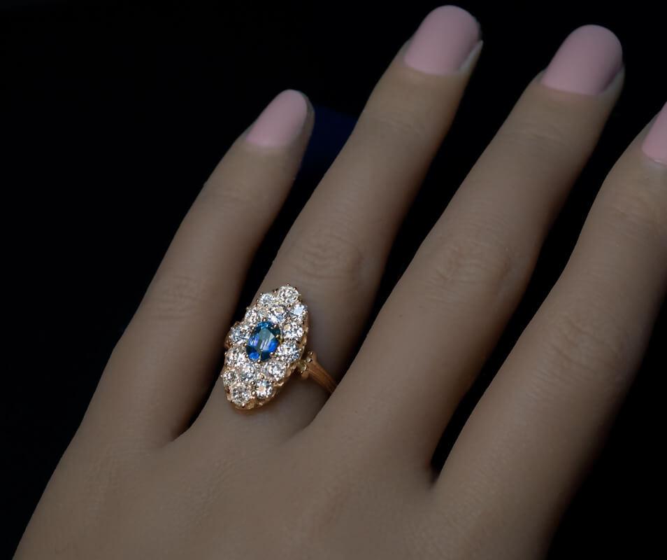 Victorian Antique Sapphire Old Mine Cut Diamond Gold Cluster Ring For Sale