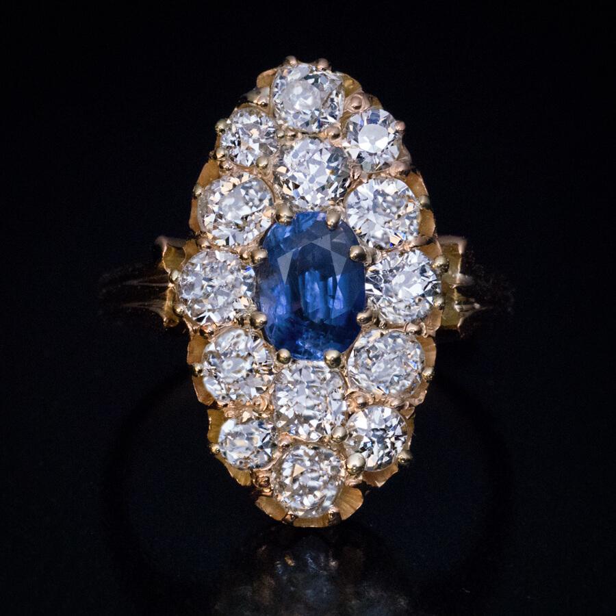 Antique Sapphire Old Mine Cut Diamond Gold Cluster Ring For Sale 1