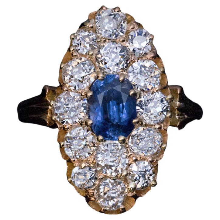 Antique Sapphire Old Mine Cut Diamond Gold Cluster Ring For Sale