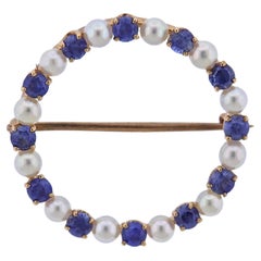 Antique Sapphire Pearl Gold Open Circle Brooch