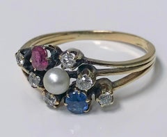 Antique Sapphire Ruby Diamond Pearl 14 Karat Ring, circa 1900