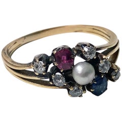 Antique Sapphire Ruby Diamond Pearl 14 Karat Ring, circa 1900