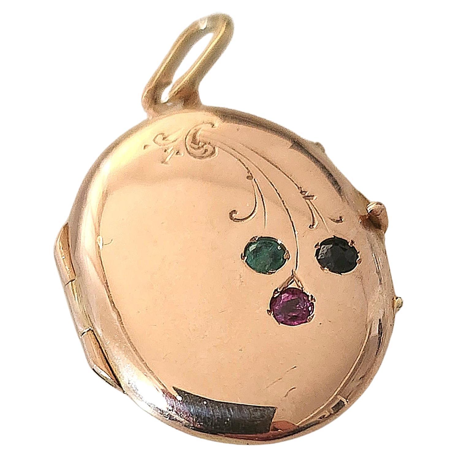 Antique sapphire Ruby Emerald Russian Gold Locket Pendant Damen im Angebot