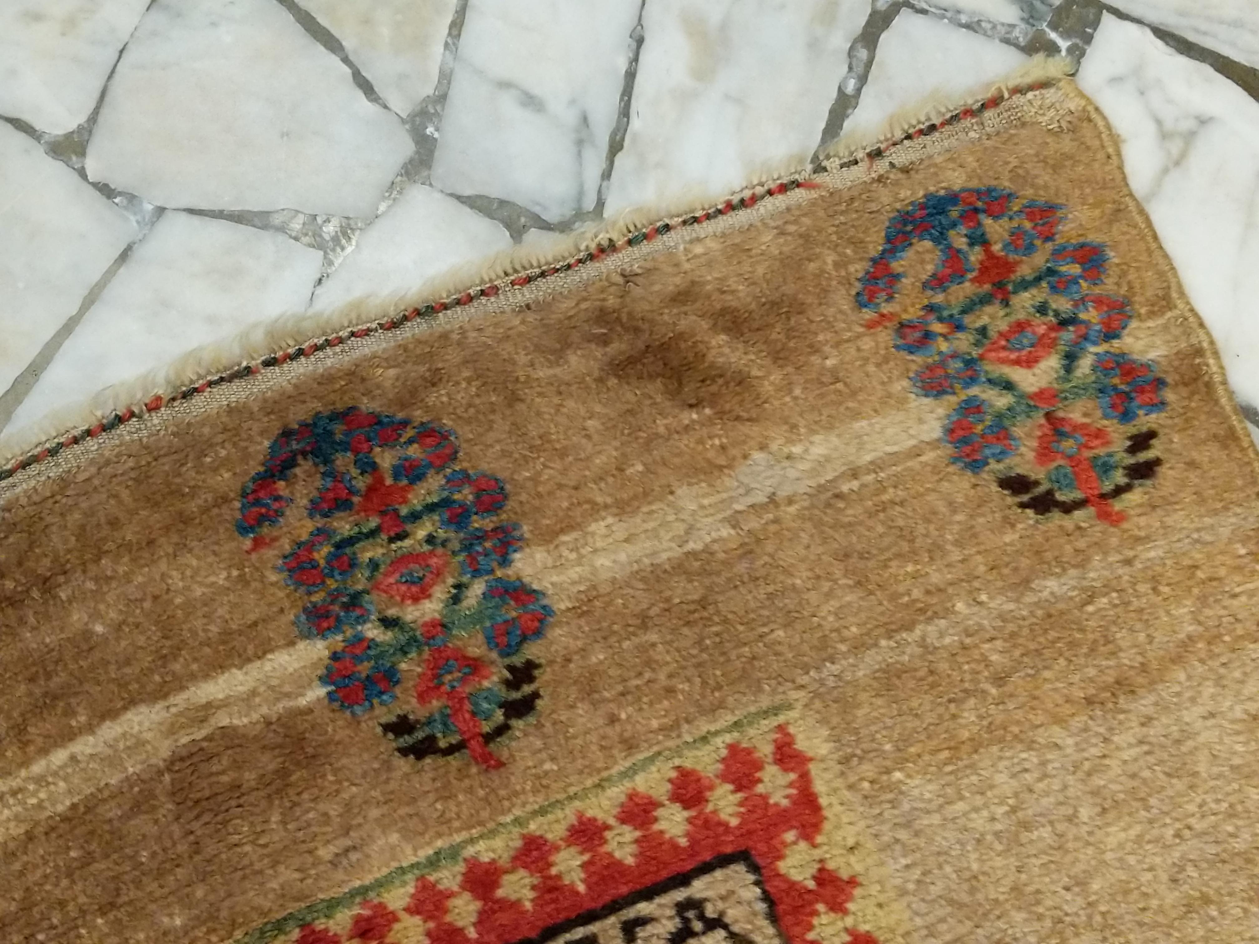 Antique Sarab Camel Hair Rug with Paisleys and Dotted Motifs For Sale 3