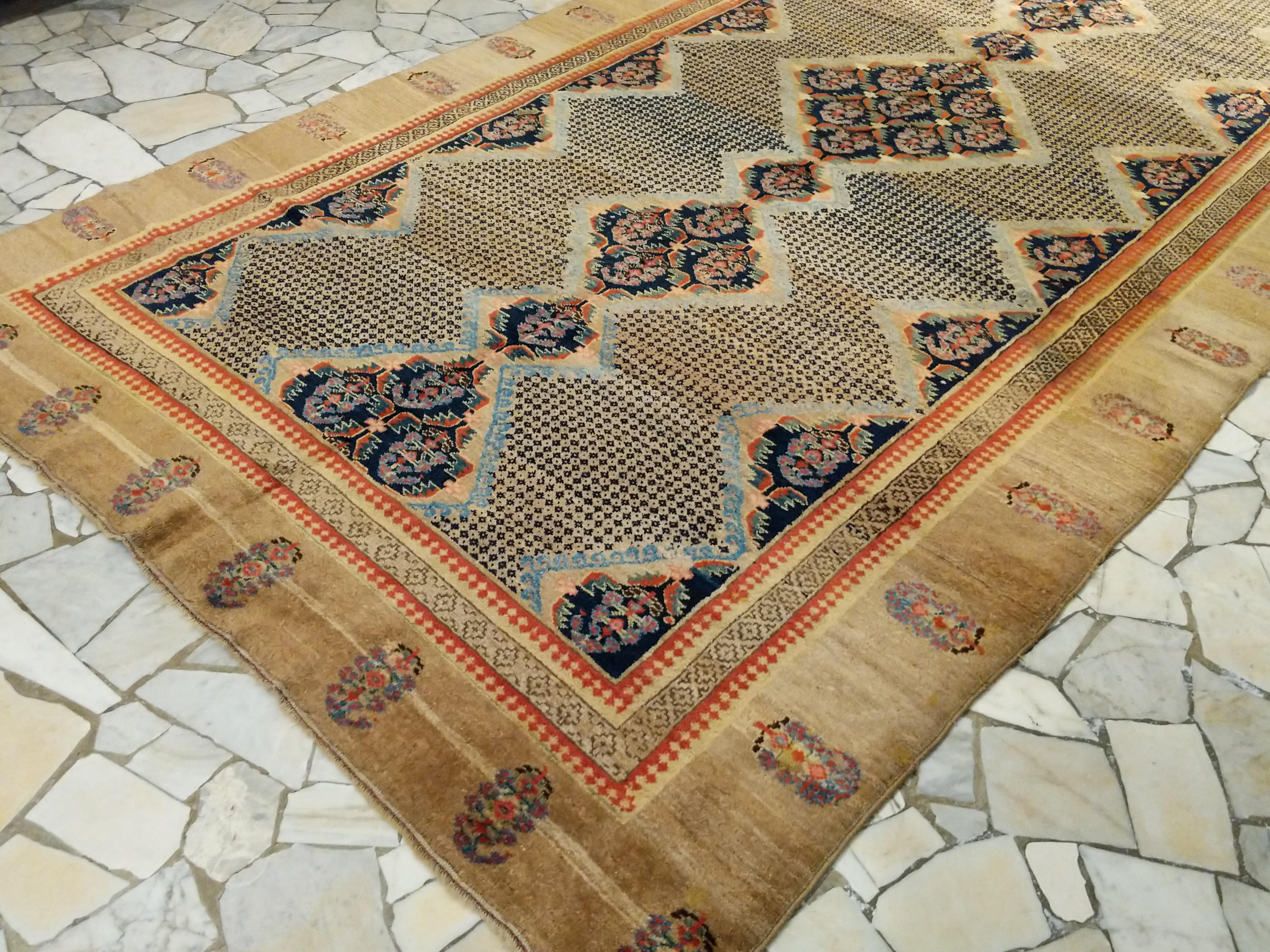 Bakshaish Antique Sarab Camel Hair Rug with Paisleys and Dotted Motifs For Sale