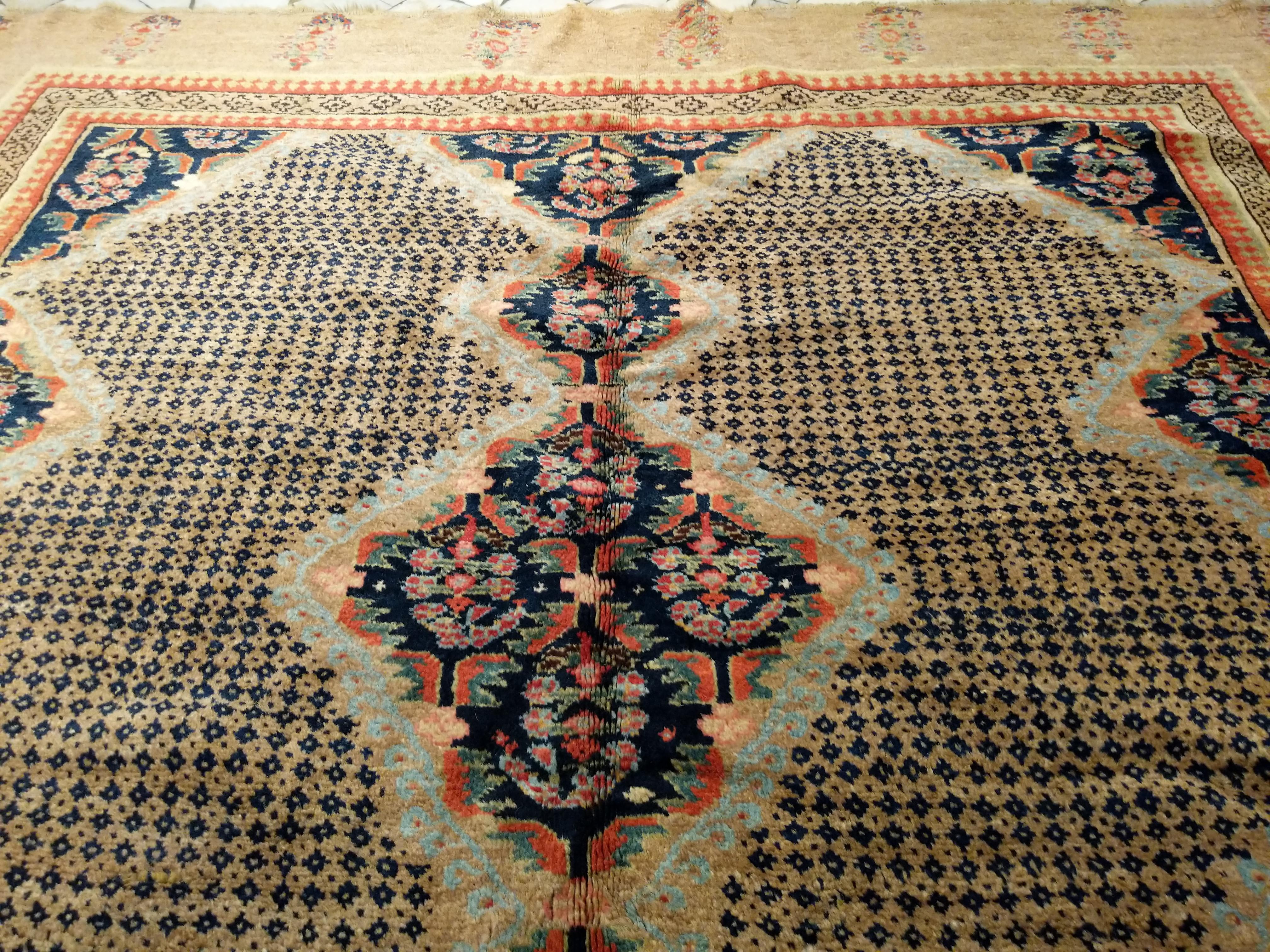 Antique Sarab Camel Hair Rug with Paisleys and Dotted Motifs For Sale 1
