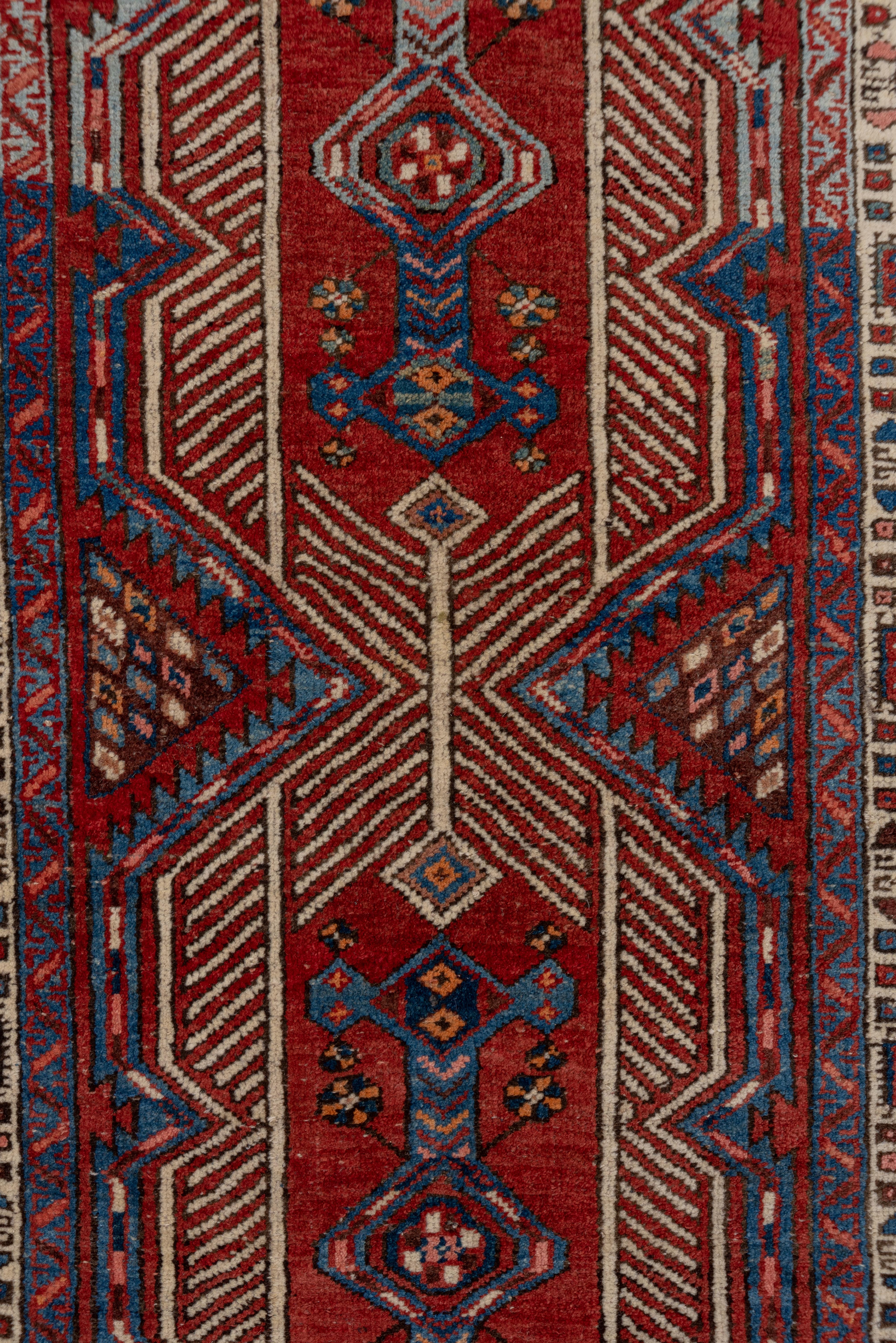 This unusual red ground NW Persian Sarab runner displays two long cartouche motives with ivory fringe internal decoration and floating serrated hexagon sub-medallions with long extenders. Variants of light blue are especially appealing as detail