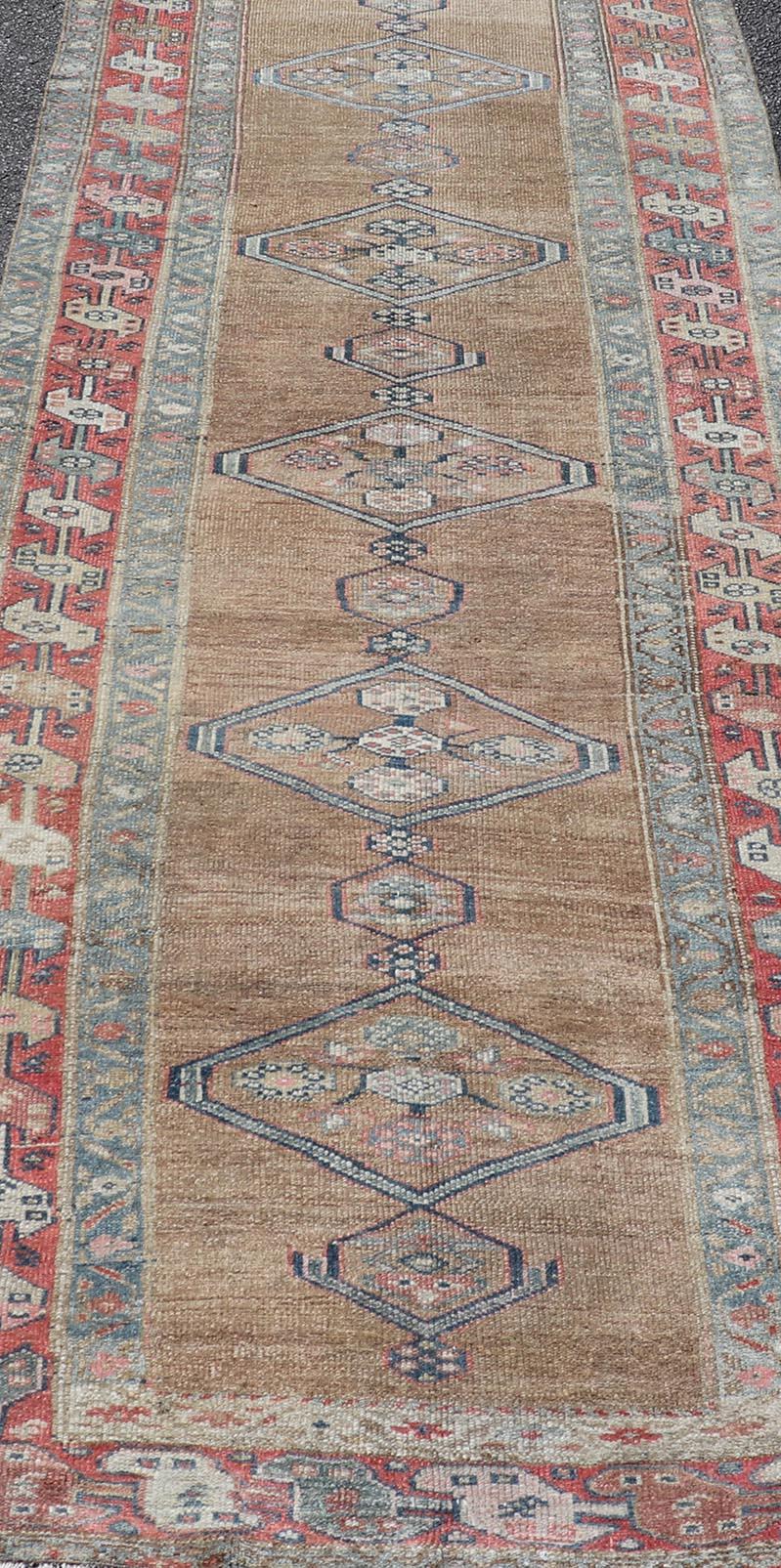 Antique Sarab Runner with Sub-Geometric Medallion Design in Red, Blue & Brown For Sale 2