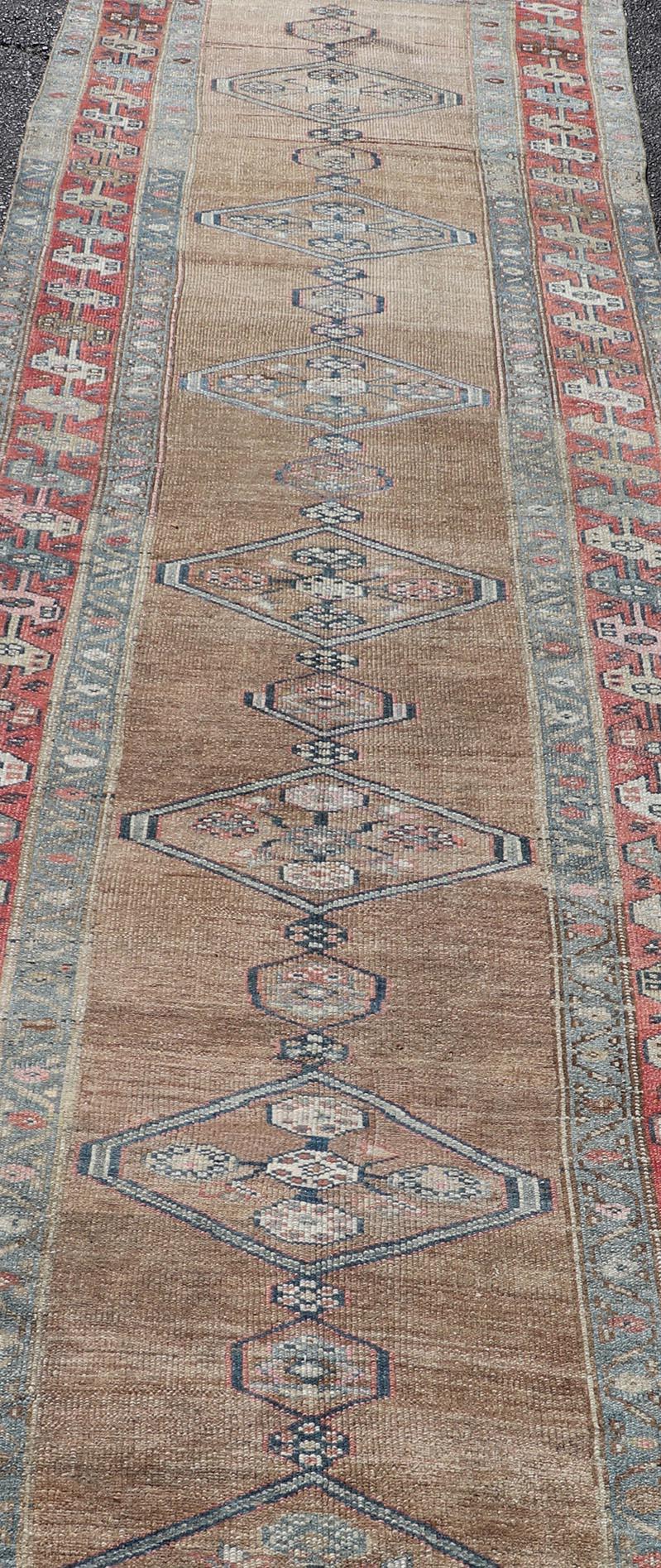 Antique Sarab Runner with Sub-Geometric Medallion Design in Red, Blue & Brown For Sale 3