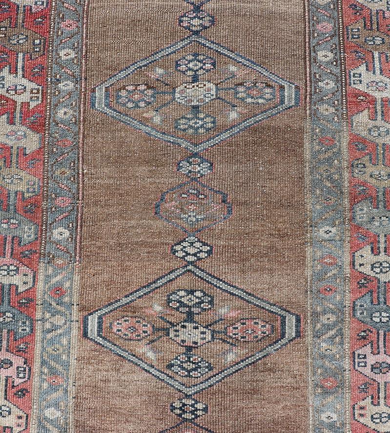 Malayer Antique Sarab Runner with Sub-Geometric Medallion Design in Red, Blue & Brown For Sale