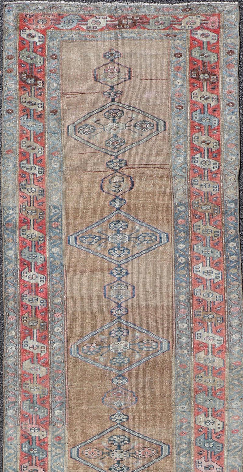 Hand-Knotted Antique Sarab Runner with Sub-Geometric Medallion Design in Red, Blue & Brown For Sale