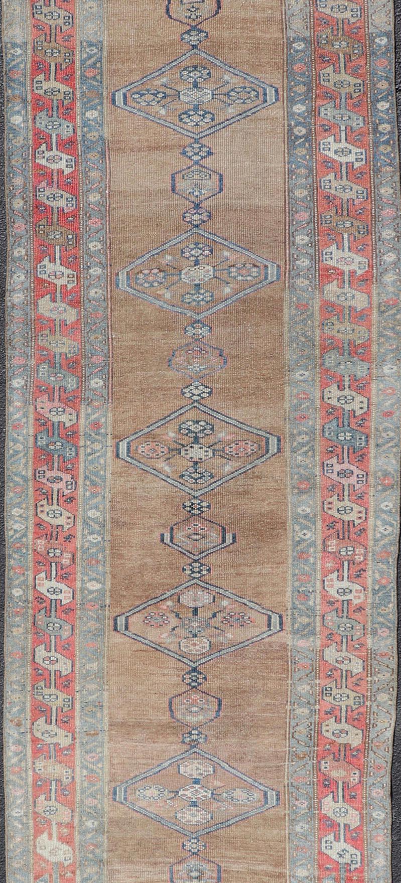 Antique Sarab Runner with Sub-Geometric Medallion Design in Red, Blue & Brown In Good Condition For Sale In Atlanta, GA