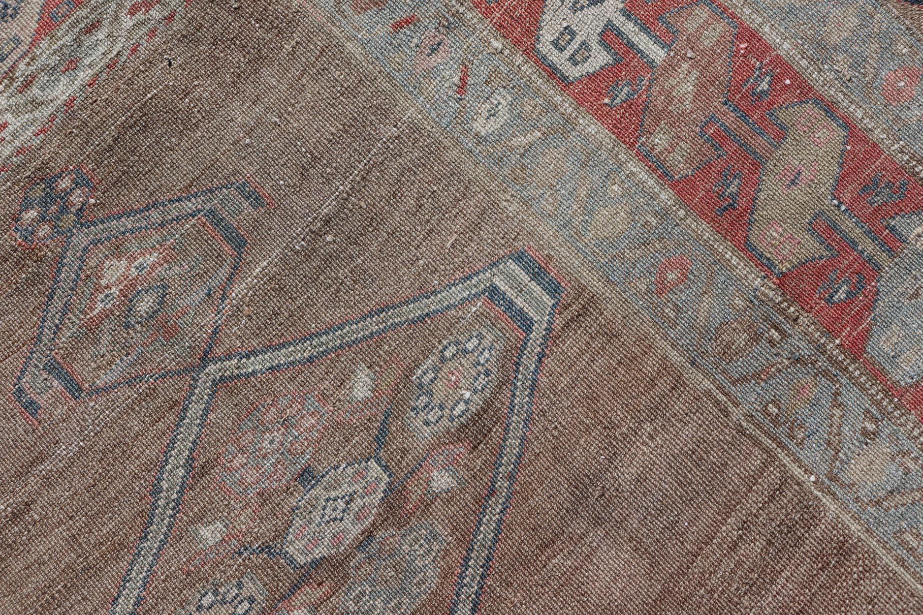 Wool Antique Sarab Runner with Sub-Geometric Medallion Design in Red, Blue & Brown For Sale
