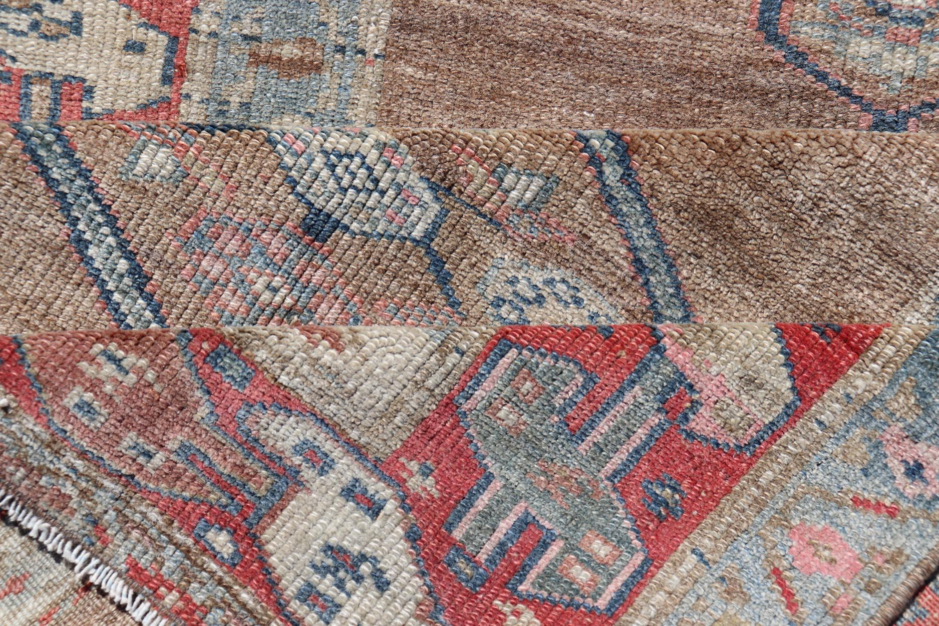 Antique Sarab Runner with Sub-Geometric Medallion Design in Red, Blue & Brown For Sale 1