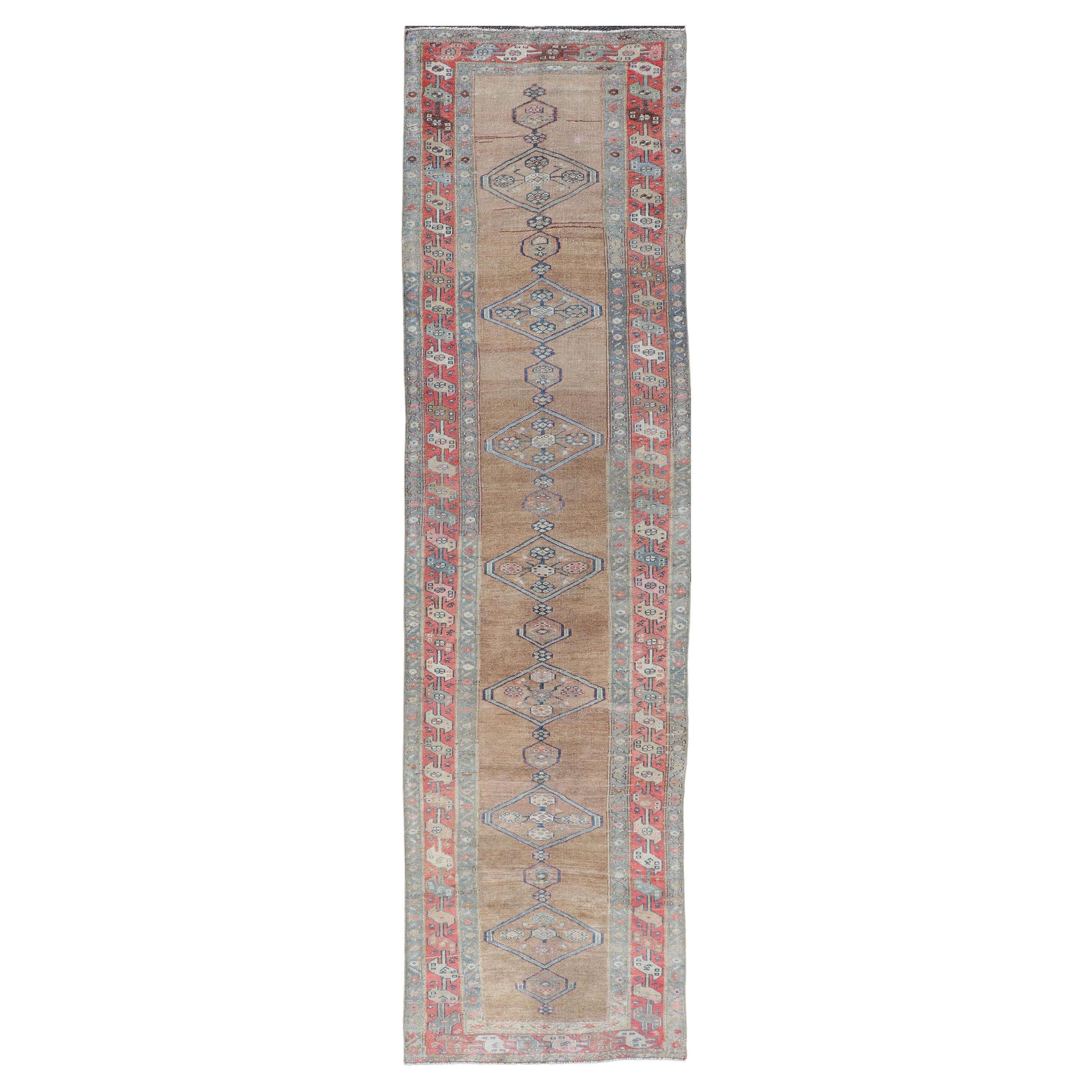 Antique Sarab Runner with Sub-Geometric Medallion Design in Red, Blue & Brown For Sale