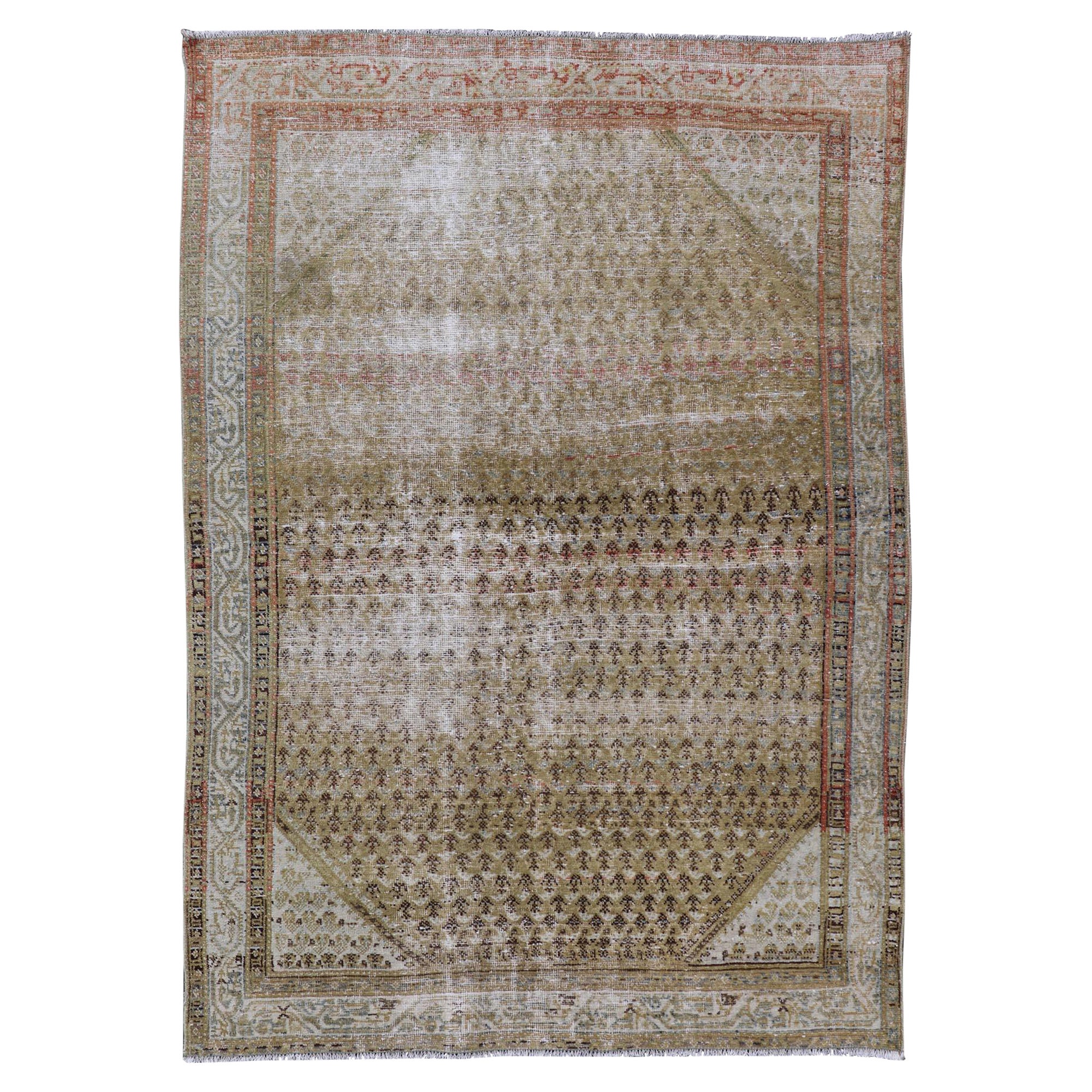 Alfombra Persa Saraband Antigua con Paisley Pequeño en Fondo Amarillo Chartreuse en venta