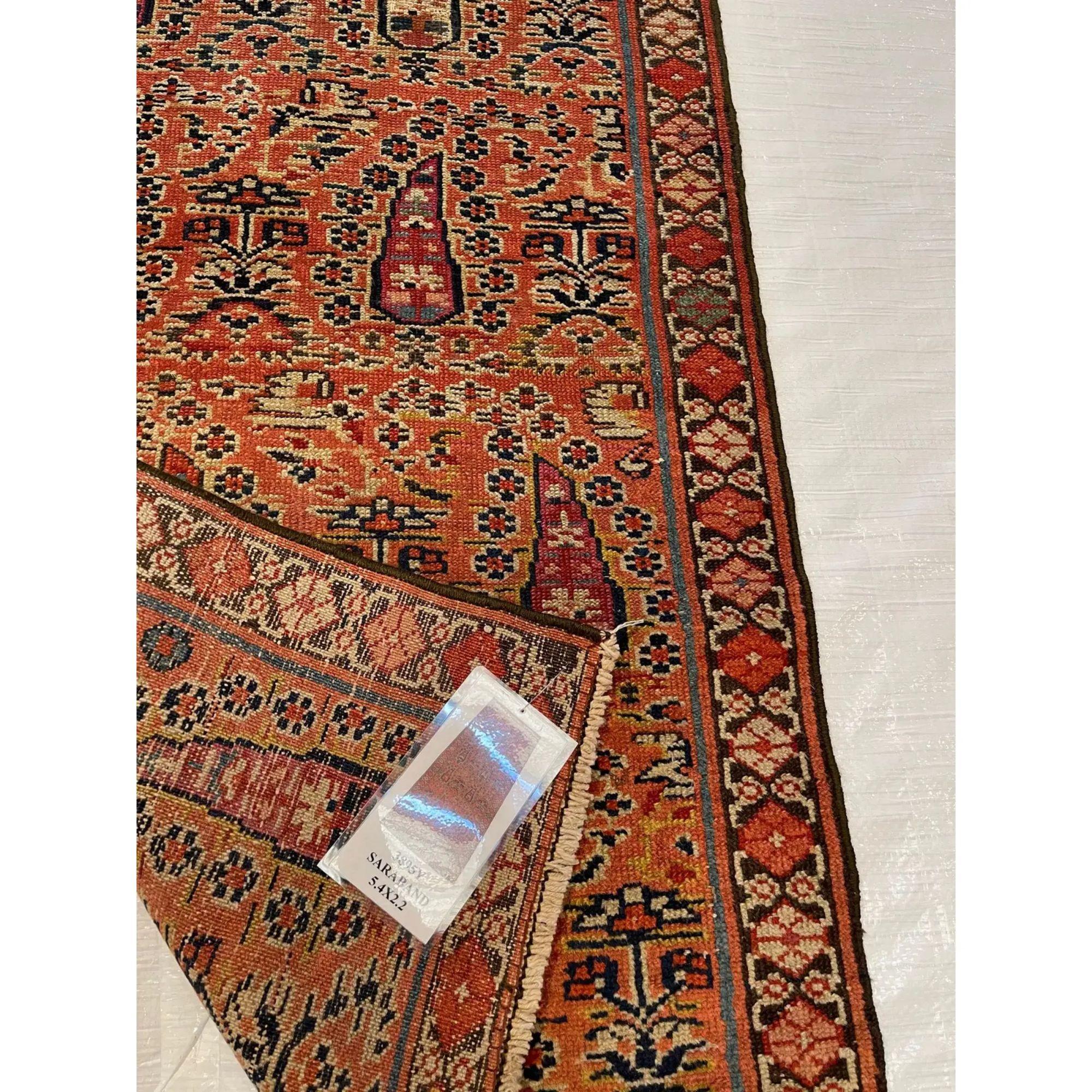 Antique Saraband Runner Rug 5'4'' X 2'2'' In Good Condition For Sale In Los Angeles, US