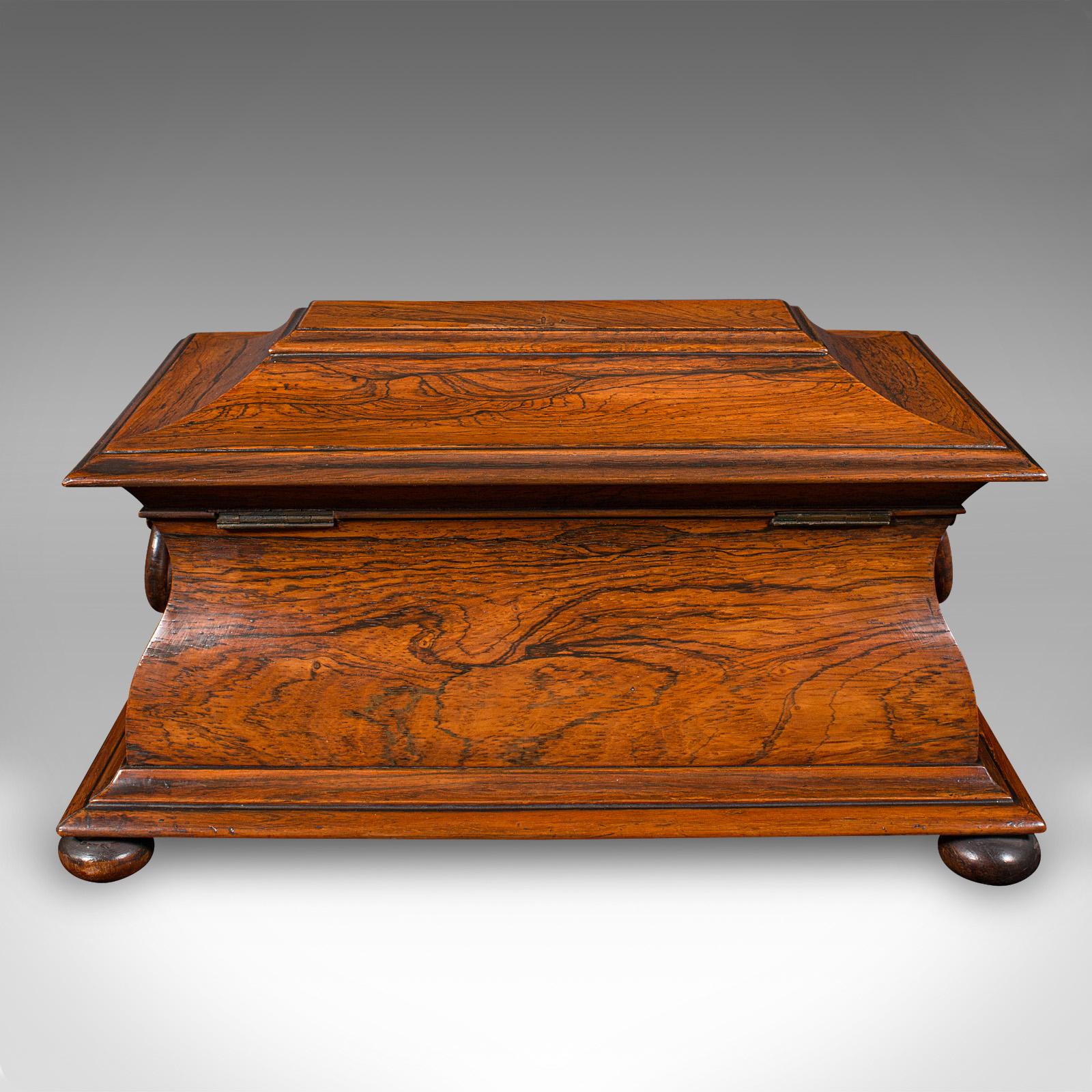 Bois de rose Ancienne boîte à thé à feuilles libres Sarcophagus, salle à dessin, anglaise, Régence, vers 1820 en vente