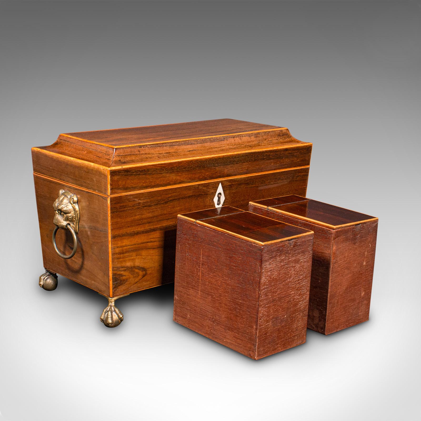 This is an antique sarcophagus tea caddy. An English, rosewood case with glass mixer, dating to the Regency period, circa 1820.

Appealing craftsmanship with a striking decorative appearance
Displays a desirable aged patina and in good order
Select