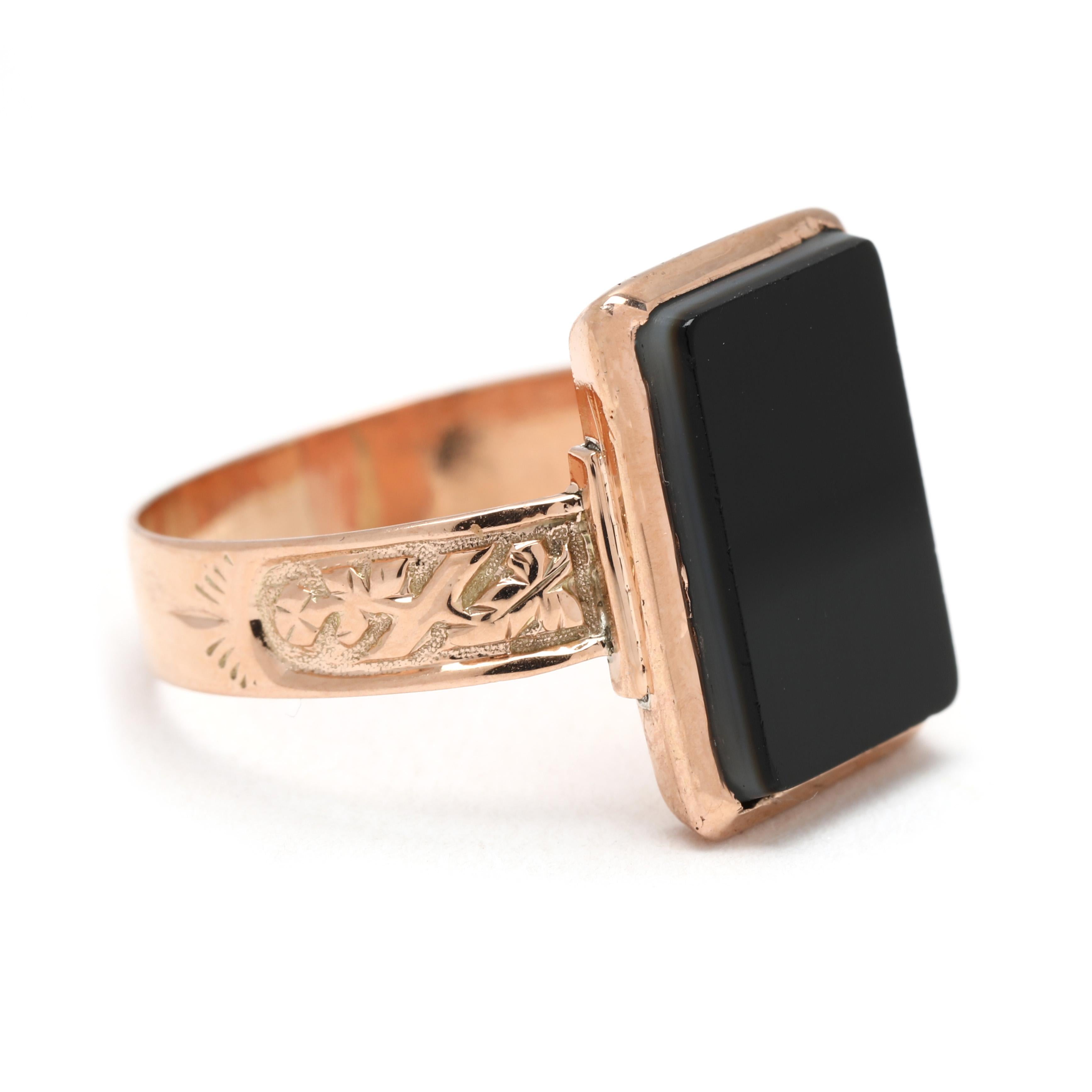 Stones:
sardonyx
rectangular tablet
13.5 x 9.5 mm

Ring Size 8.25

Rise Off Of Finger: 2.7 mm

Length: 15.6 mm

Weight: 2.6 grams

Stamps: 10k (tested) *antique

SKU: R3870

A Couple Of Things to Note:
* This is a vintage item and may show signs of