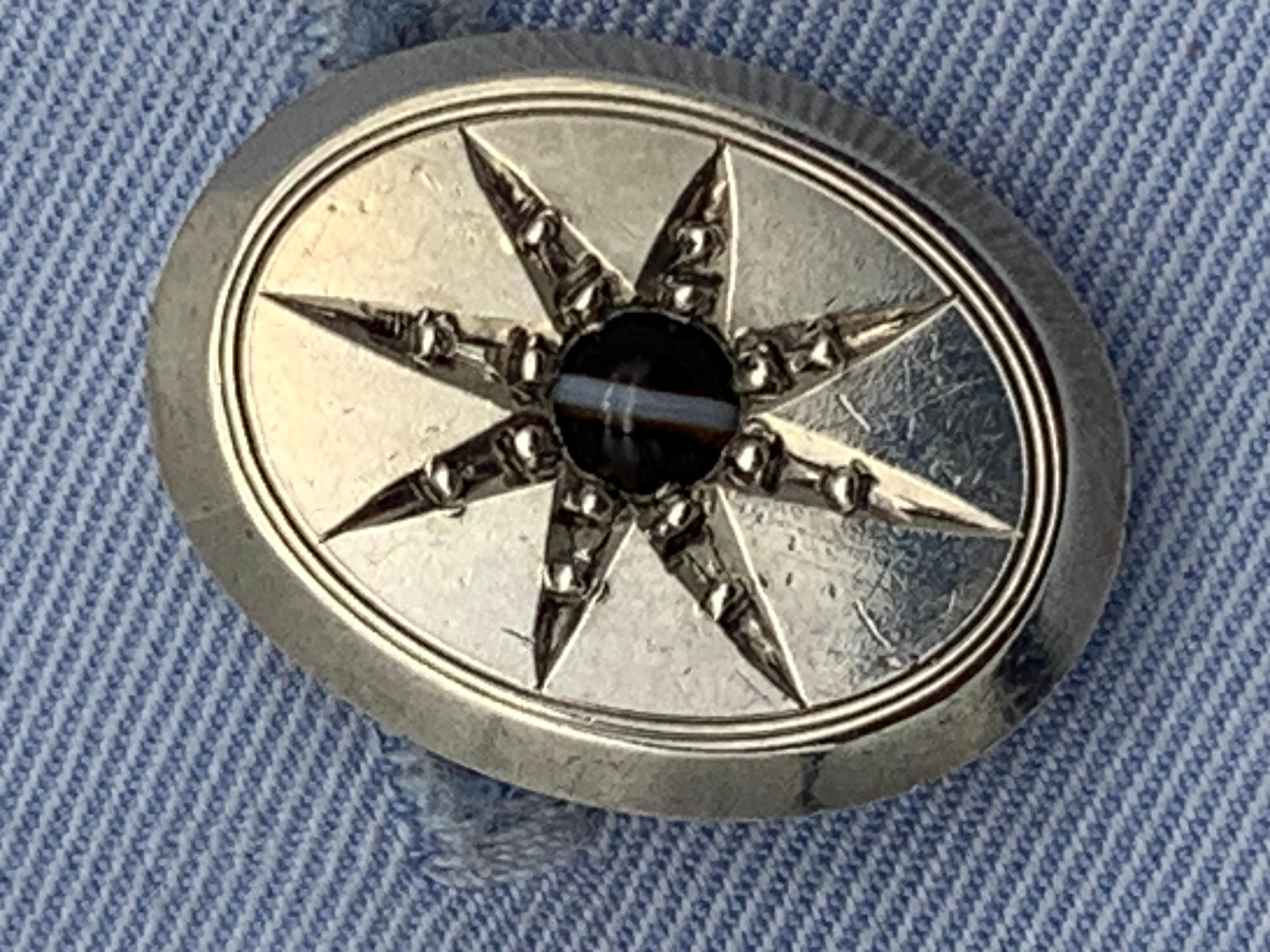Victorian Antique Sardonyx Silver Star Cufflinks Eye Agate For Sale
