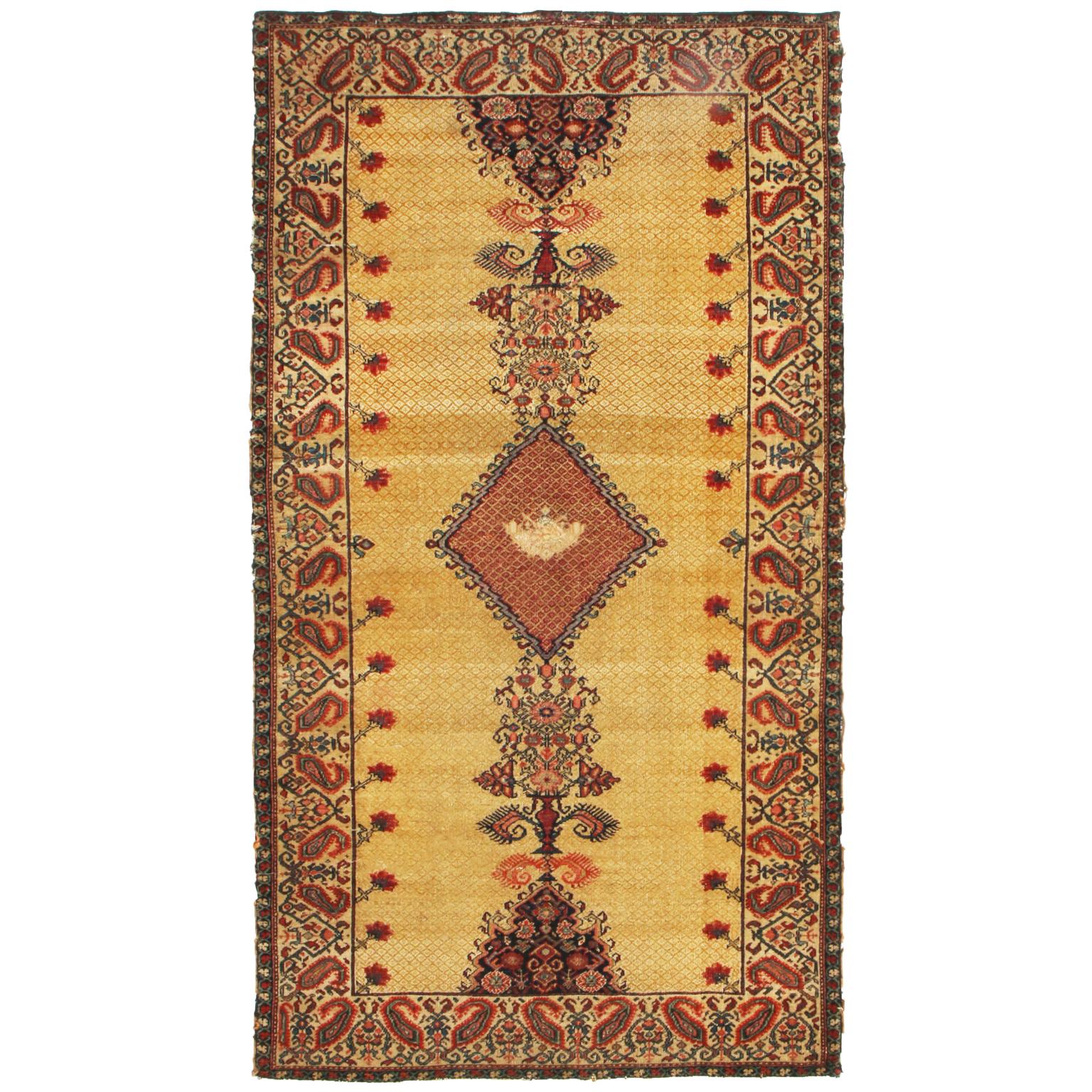 Silk Antique Sarouk Farahan Beige and Red Wool Persian Rug with Rare by Rug & Kilim For Sale