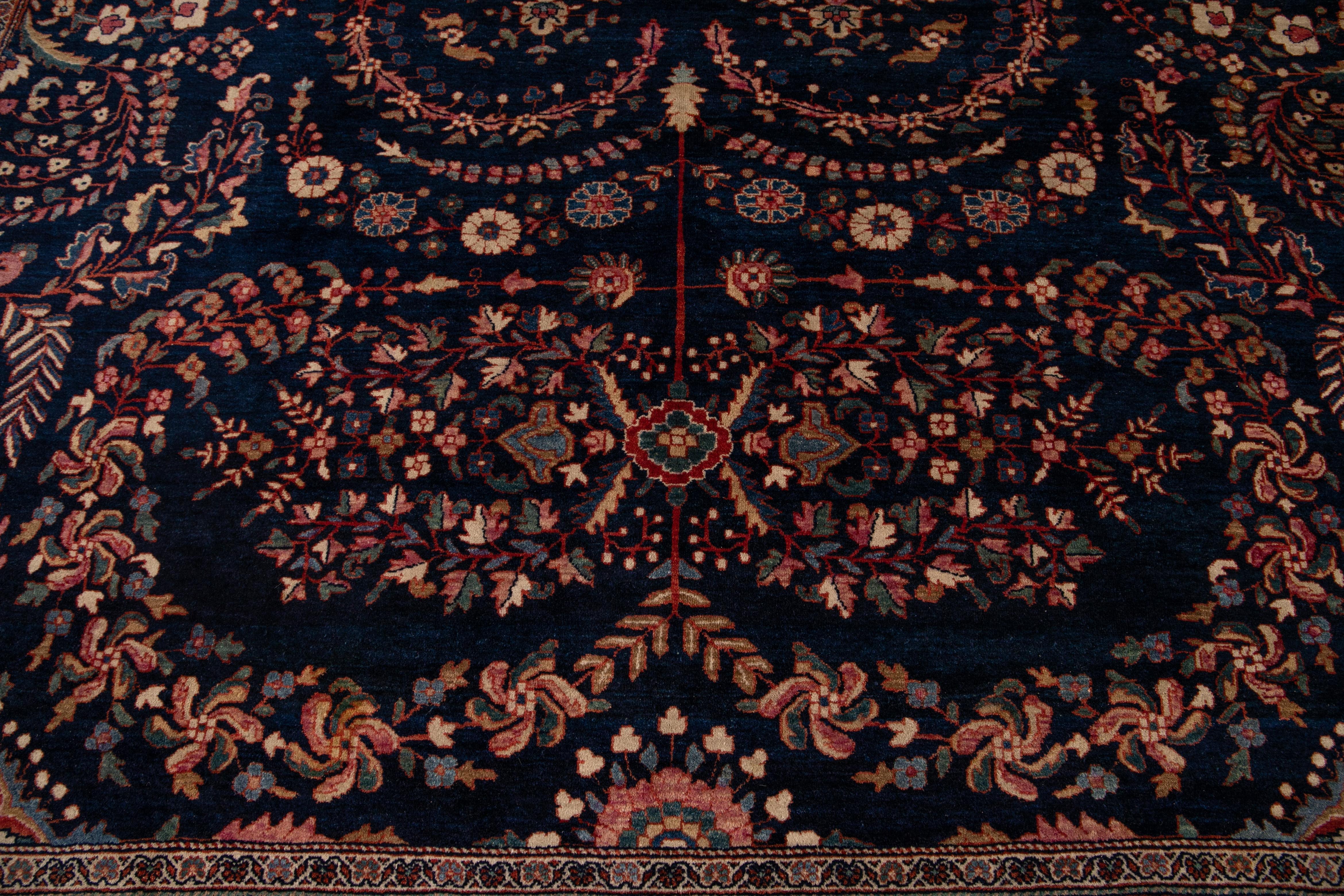 Antique Sarouk Farahan Blue Persian Handmade Wool Rug For Sale 5