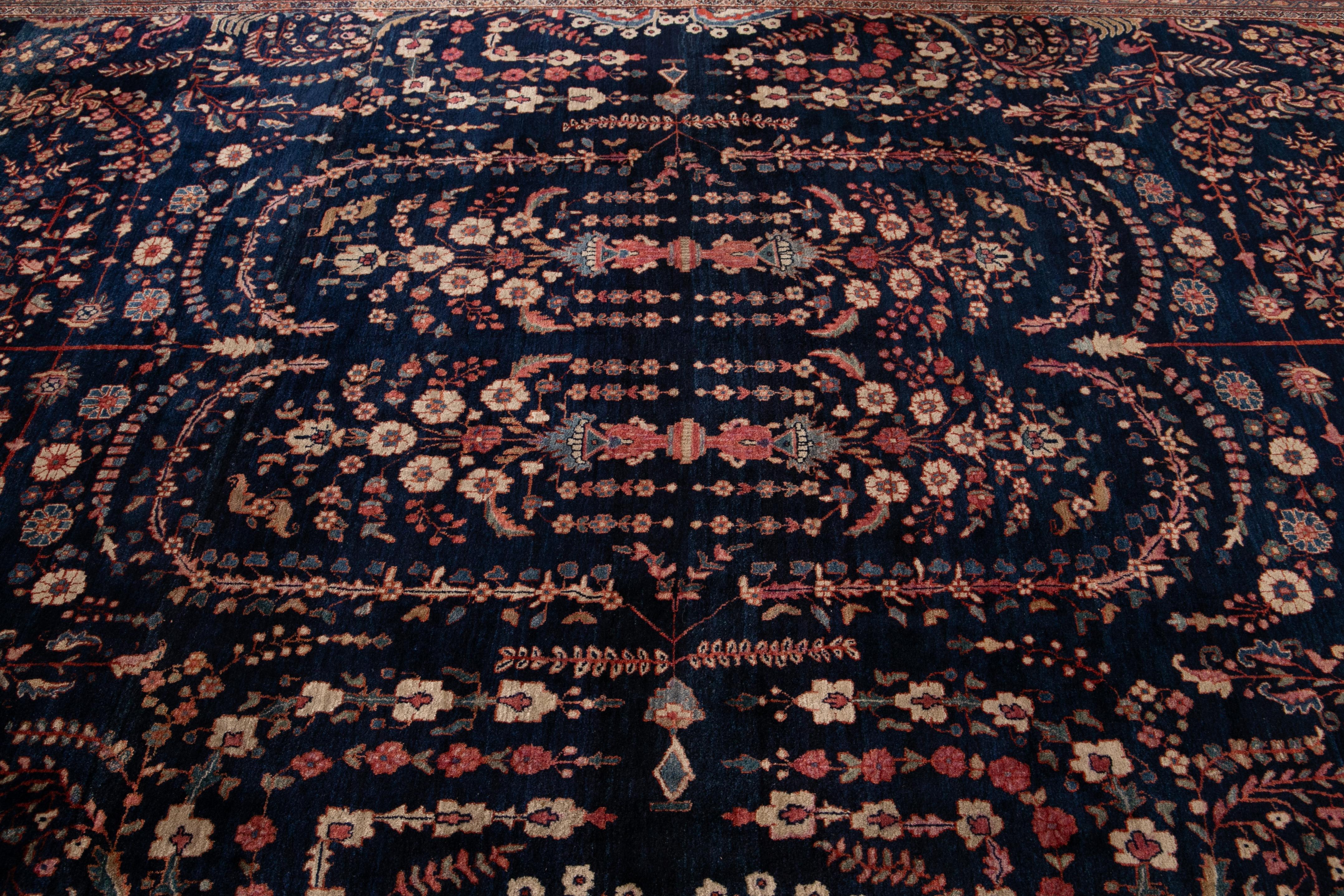 Antique Sarouk Farahan Blue Persian Handmade Wool Rug For Sale 8