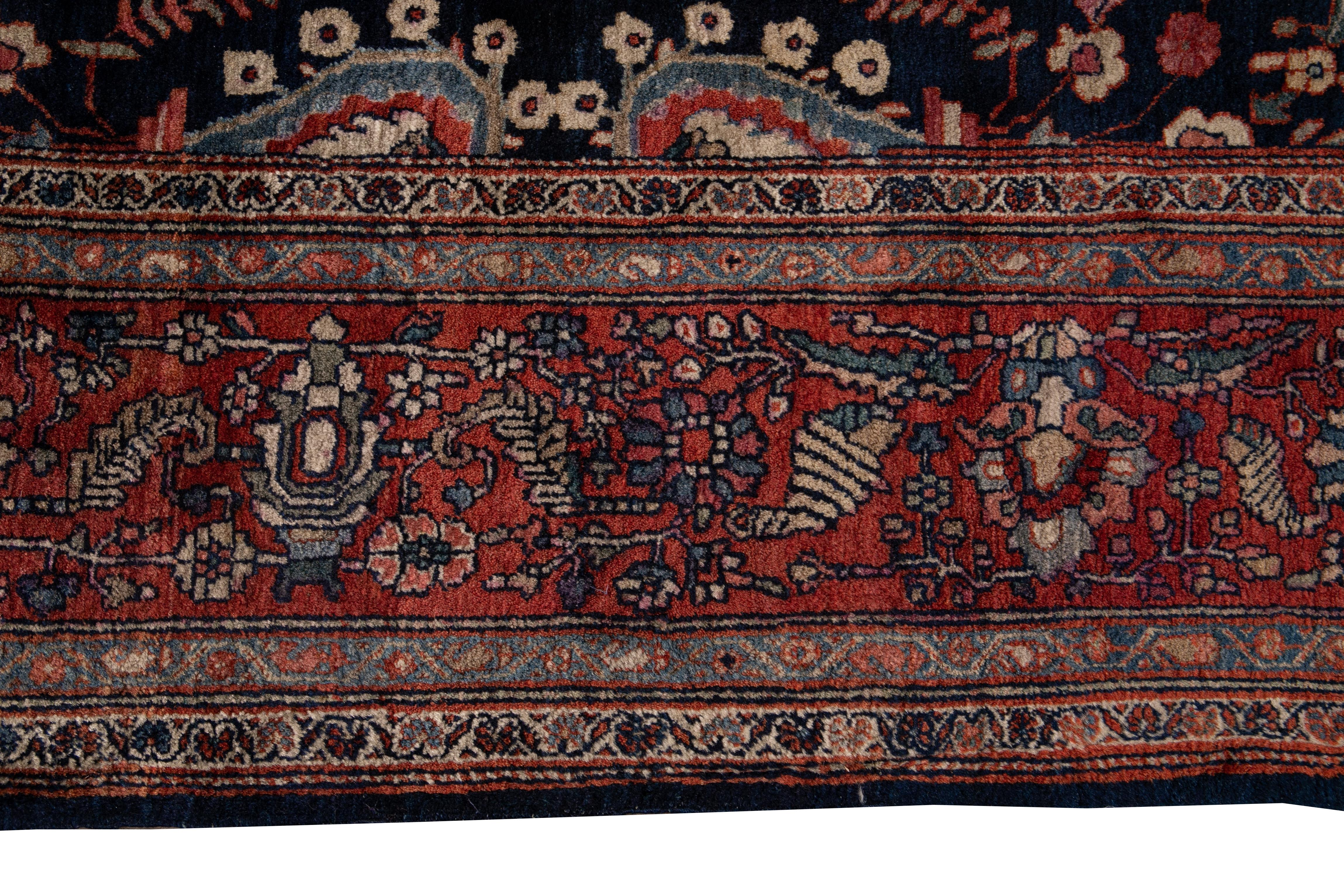Antique Sarouk Farahan Blue Persian Handmade Wool Rug For Sale 9