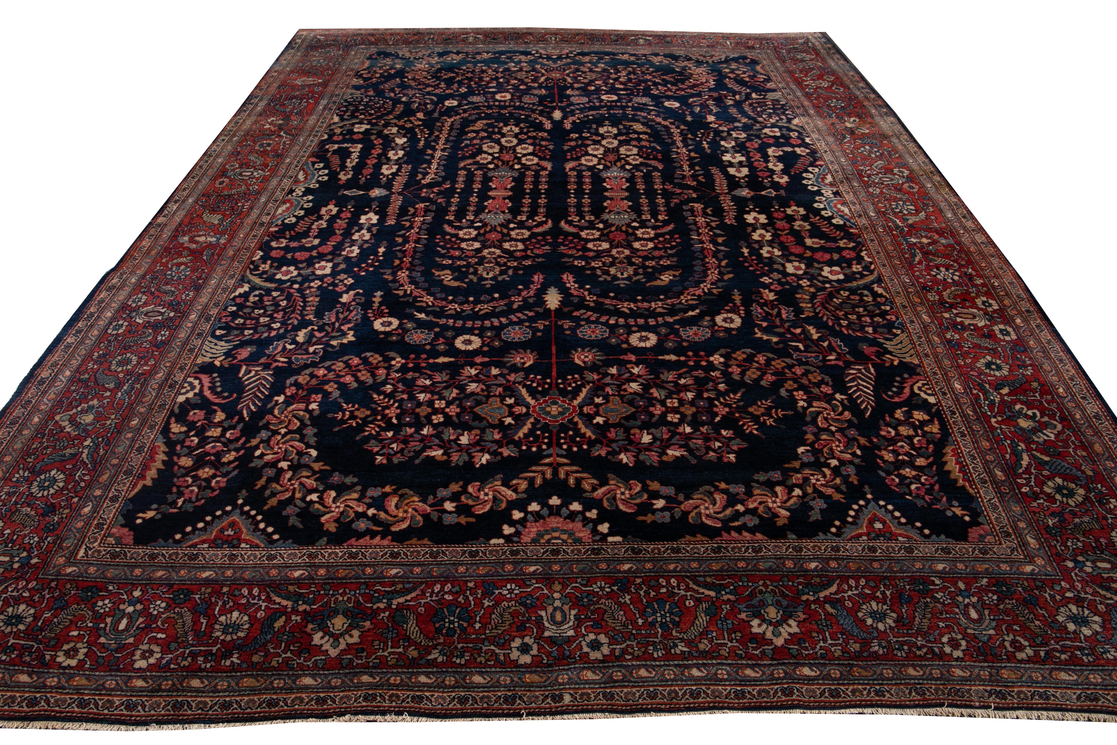 Hand-Knotted Antique Sarouk Farahan Blue Persian Handmade Wool Rug For Sale