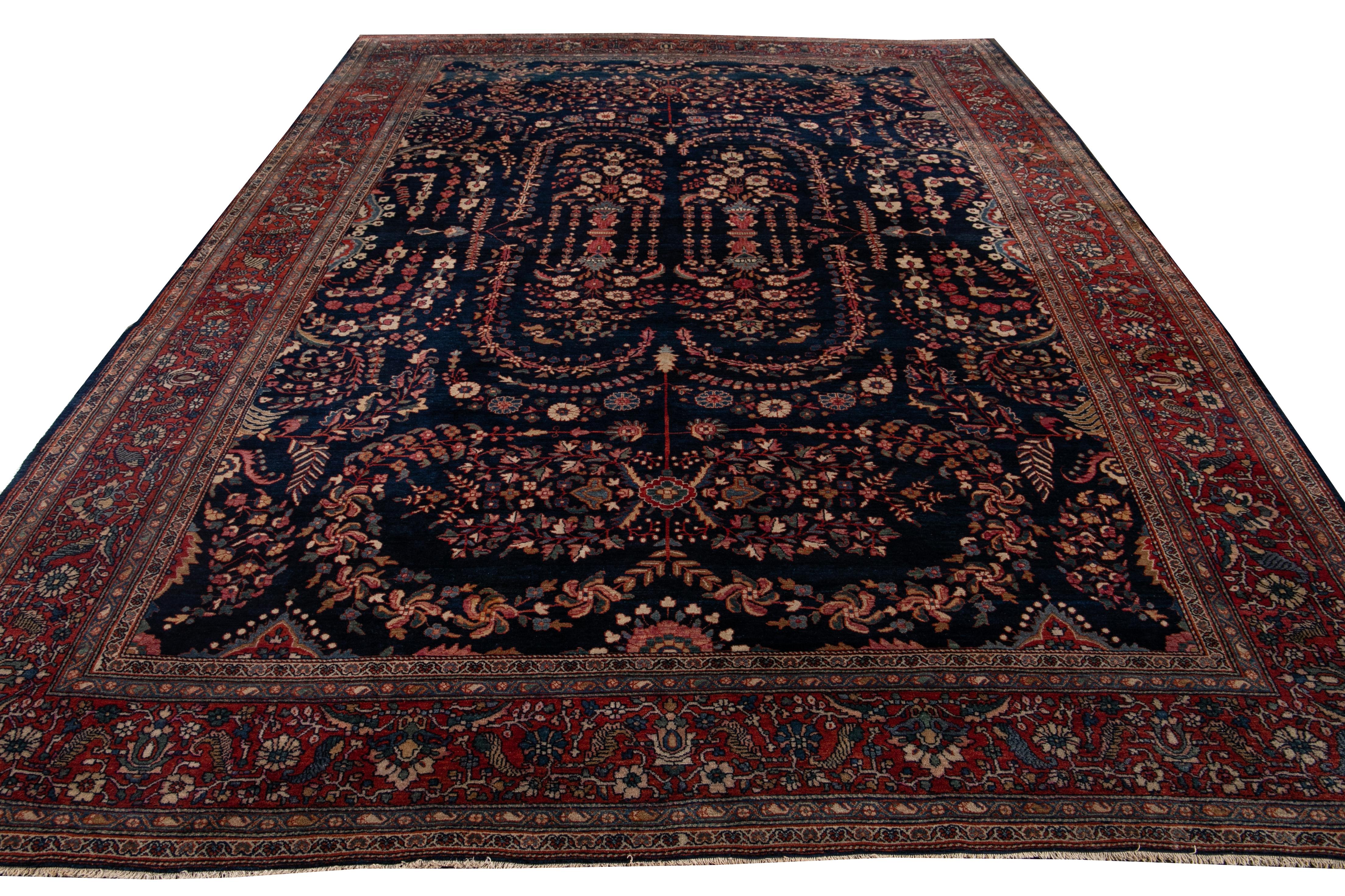 Antiker Sarouk Farahan Blauer Persischer Handgefertigter Wollteppich (Handgeknüpft) im Angebot