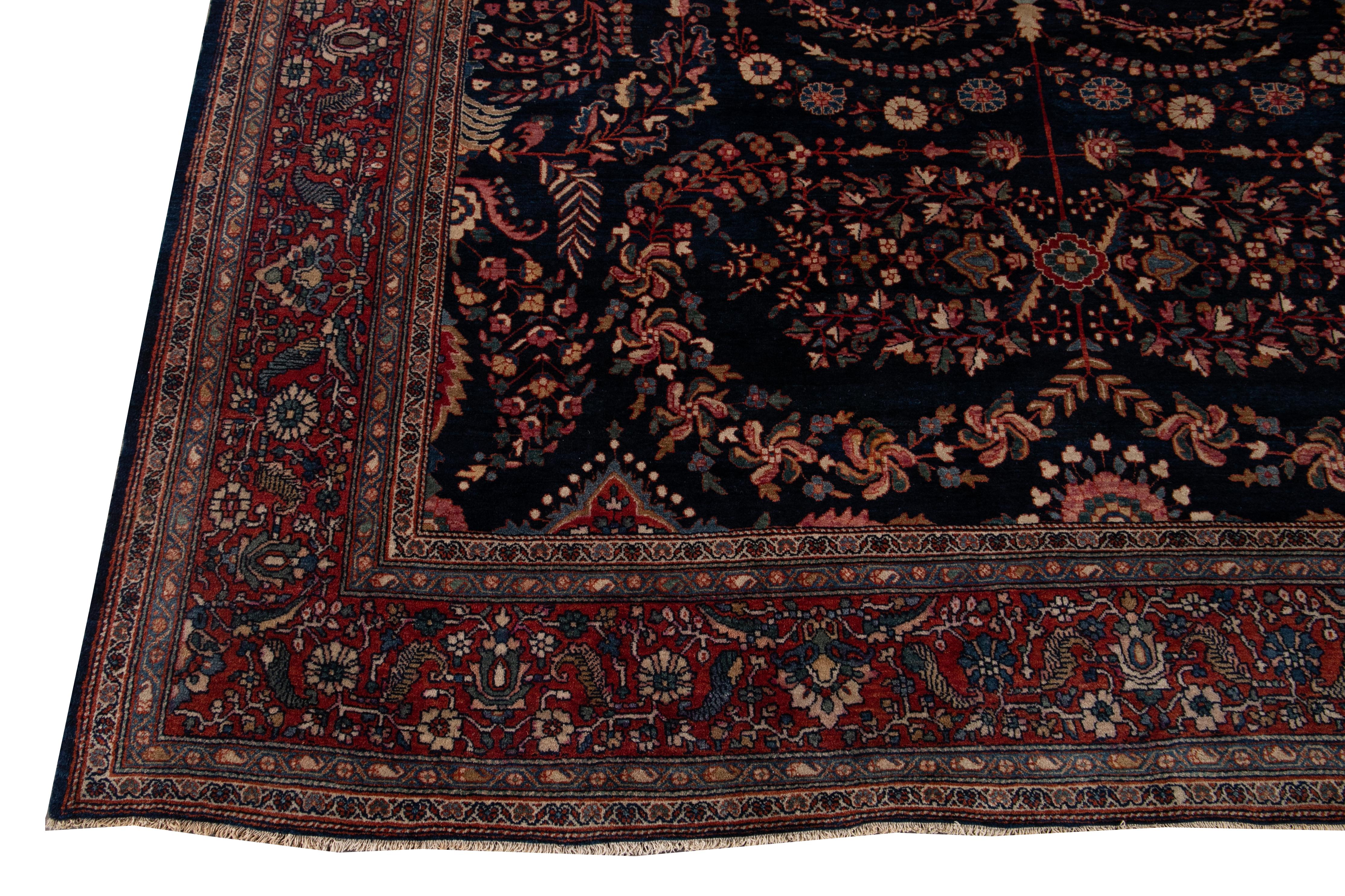 Antique Sarouk Farahan Blue Persian Handmade Wool Rug In Good Condition For Sale In Norwalk, CT