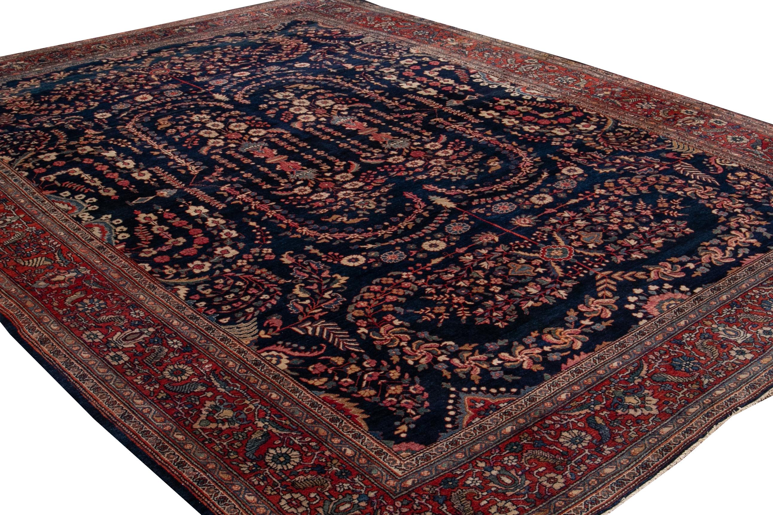 Antique Sarouk Farahan Blue Persian Handmade Wool Rug For Sale 1