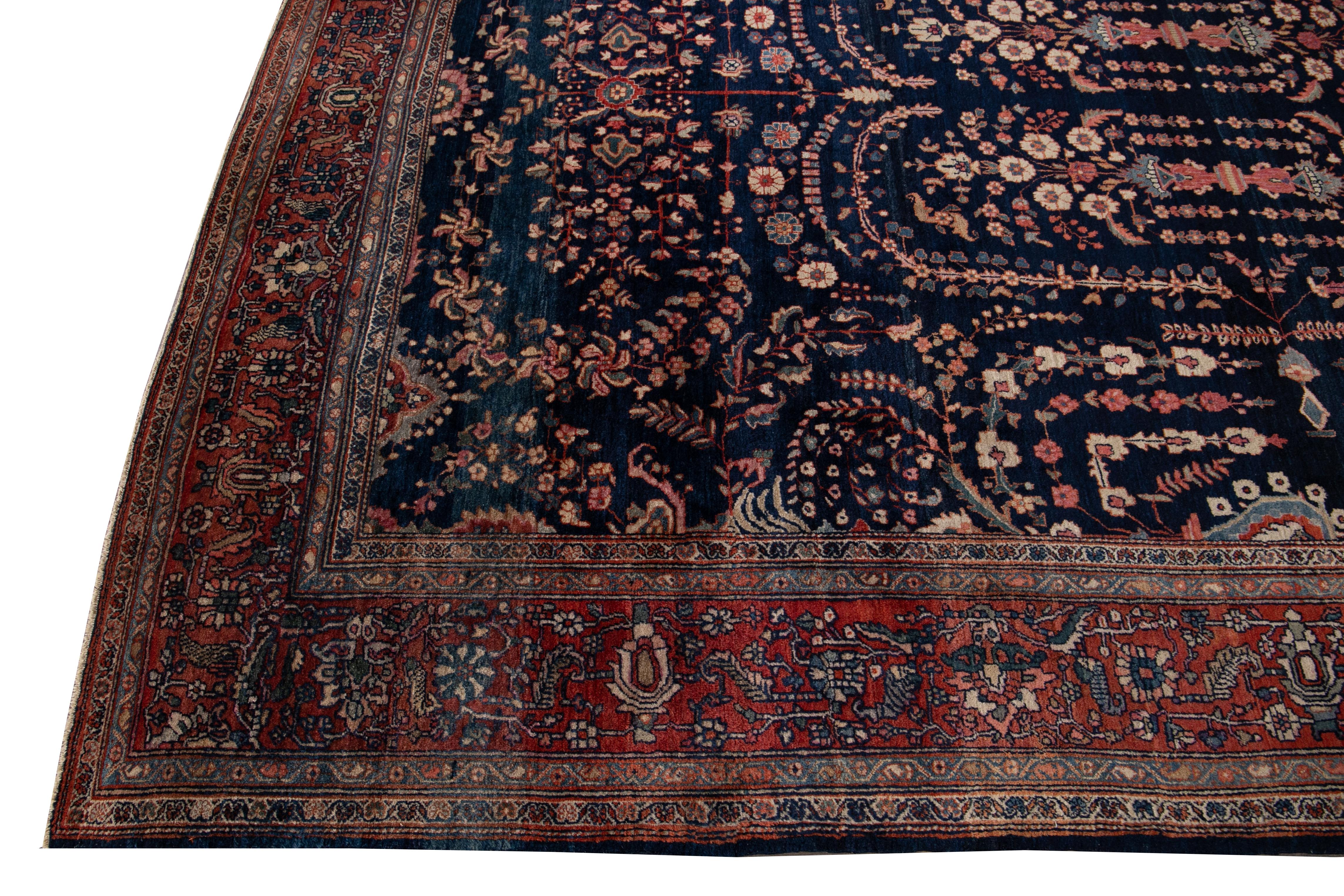 Antique Sarouk Farahan Blue Persian Handmade Wool Rug For Sale 2