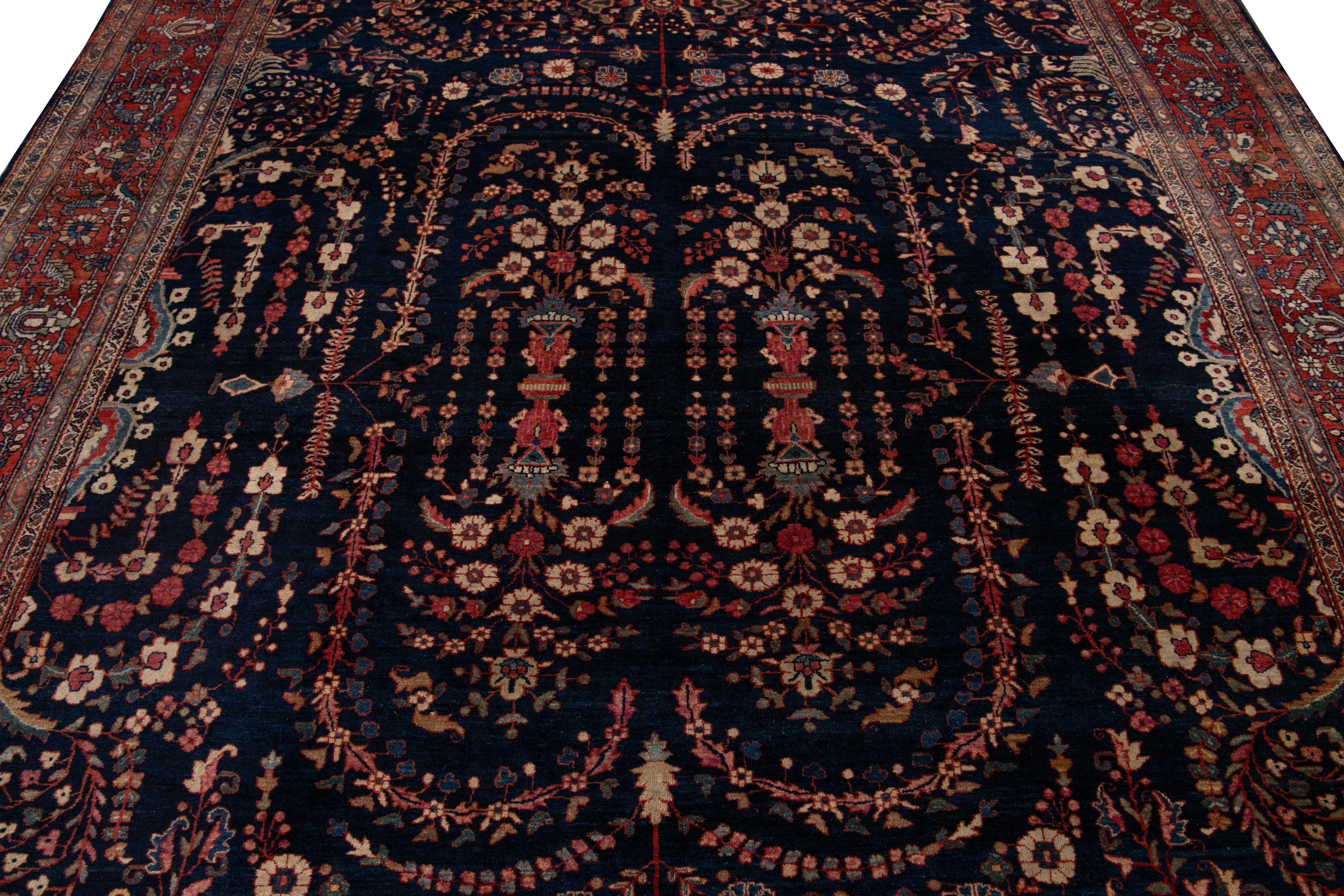 Antique Sarouk Farahan Blue Persian Handmade Wool Rug For Sale 3