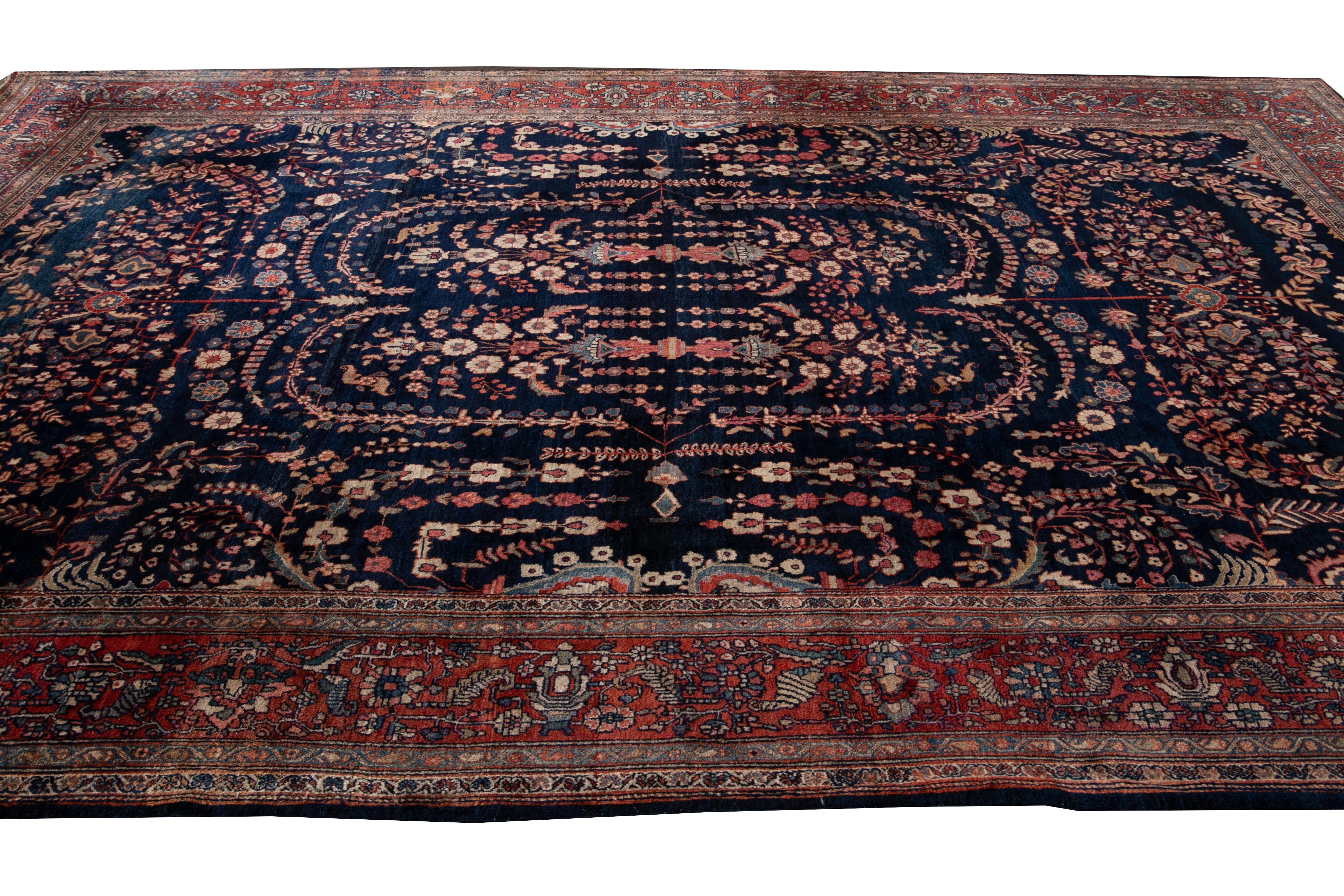 Antique Sarouk Farahan Blue Persian Handmade Wool Rug For Sale 4