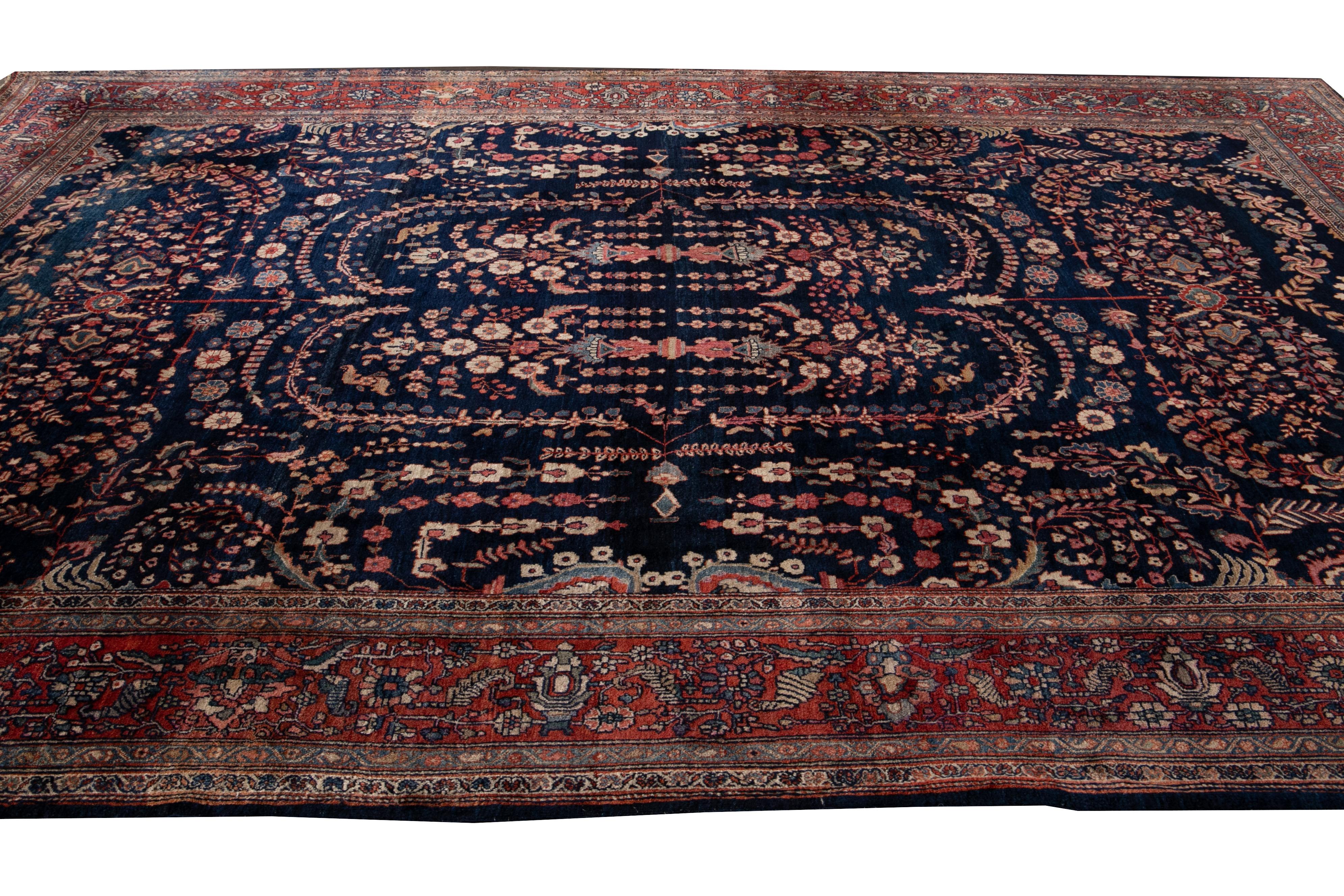 Antiker Sarouk Farahan Blauer Persischer Handgefertigter Wollteppich im Angebot 3